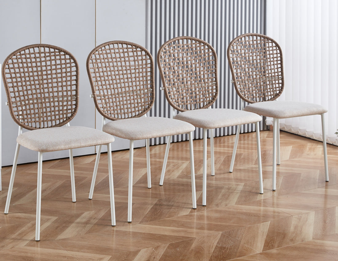 Beige Sennit Chair,Set Of 4,Dining Chair,Coffee Chair White Metal