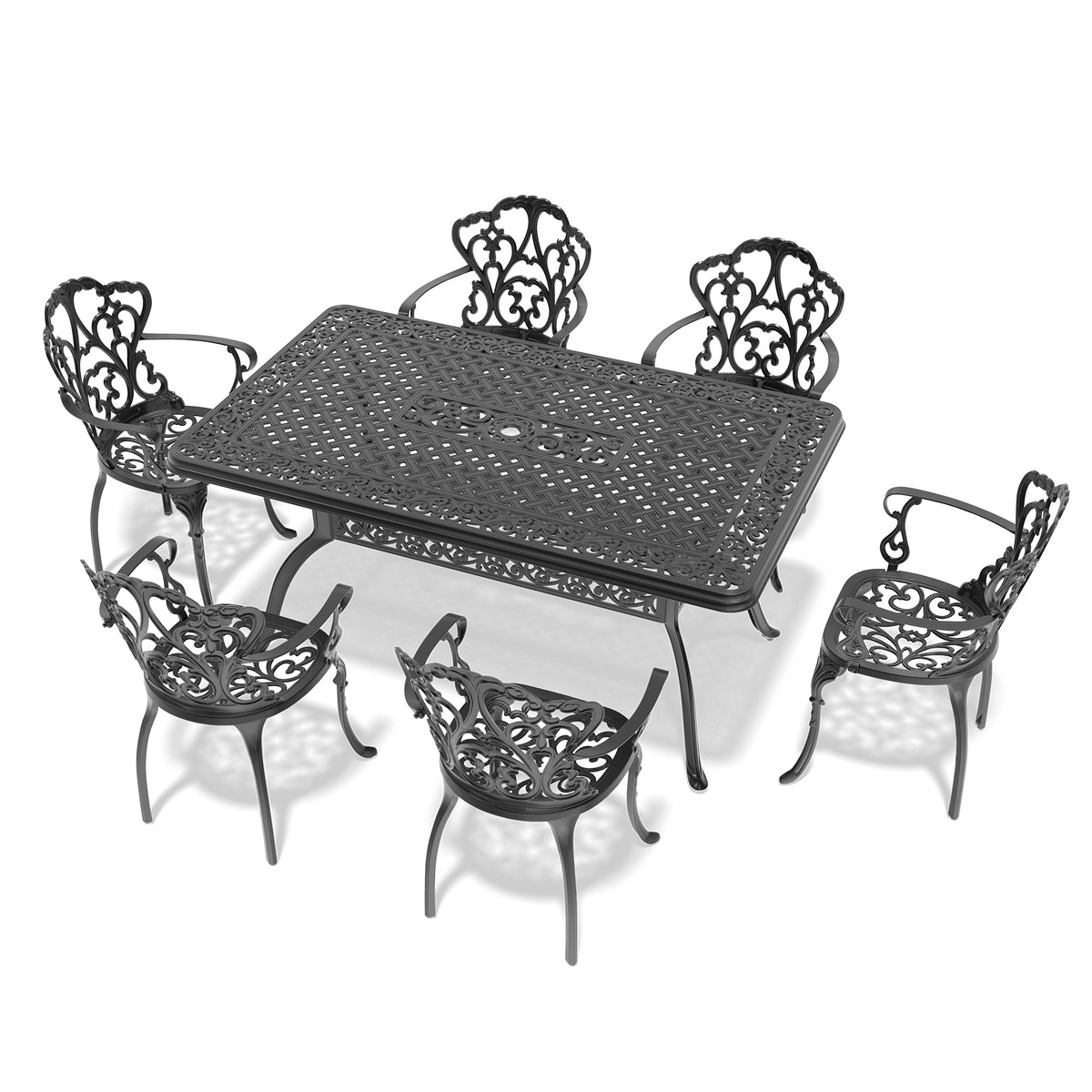 Cushions In Random Colors 7 Piece Set Of Cast Aluminum Patio Furniture With Cushions Yes Dining Set Black Seats 6 Rust Resistant Frame Water Resistant Cushion Garden & Outdoor Complete Patio Sets Aluminium