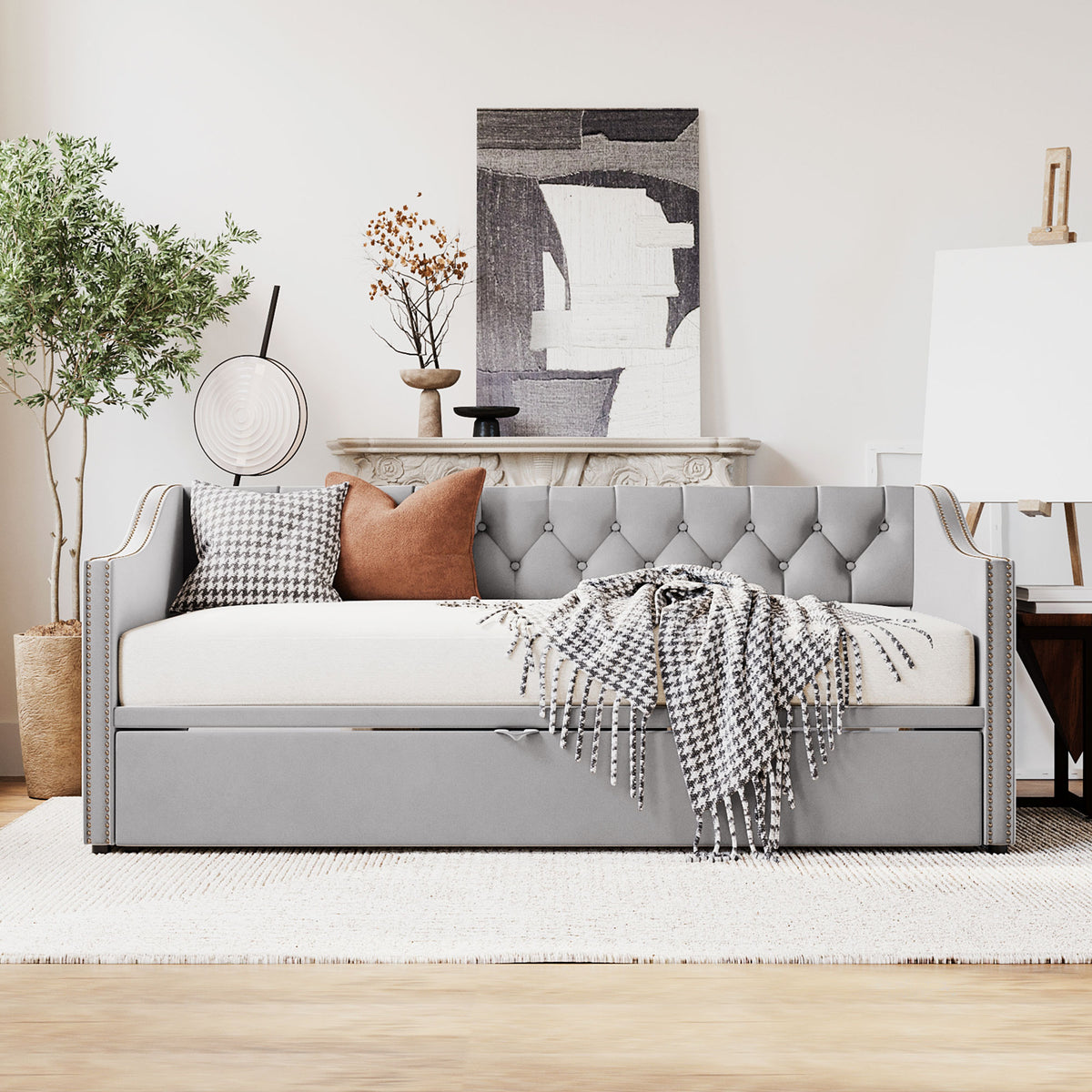 Twin Size Upholstered Daybed With Pop Up Trundle, Gray Twin Gray Upholstered