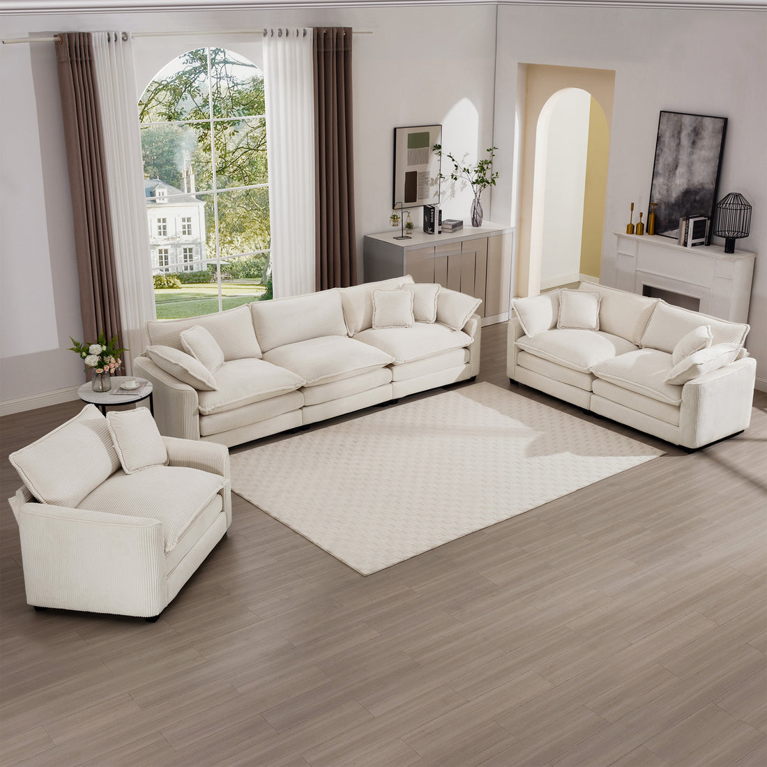 3 Piece Sofa Set, Comfortable Oversized Sofa With One Single Sofa, One 2 Seater Sofa And One 3 Seater Sofa, Light Beige Corduroy Deep Seat Sofa Beige Corduroy 6 Seat