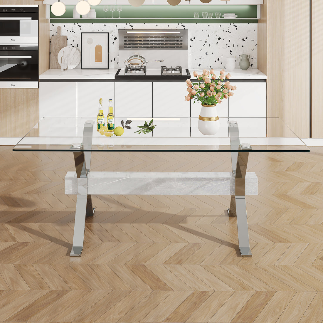 Dining Table. Modern Tempered Glass Dining Table. Large Modern Office Desk With Silver Plated Metal Legs And Mdf Crossbars, Suitable For Both Home And Office Use. Kitchen. 71 ''X35.4''X30 '' 1105 Transparent Glass
