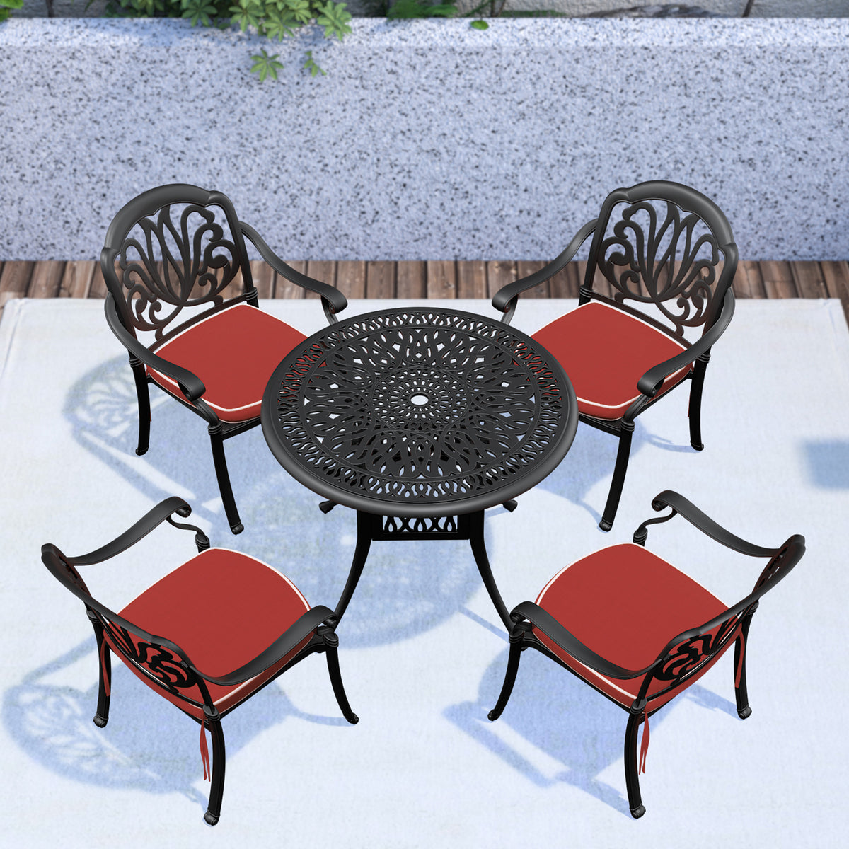 Cushions In Random Colors 5 Piece Set Of Cast Aluminum Patio Furniture With Cushions Yes Complete Patio Set Black Seats 4 Rust Resistant Frame Water Resistant Cushion Garden & Outdoor Complete Patio Sets Aluminium