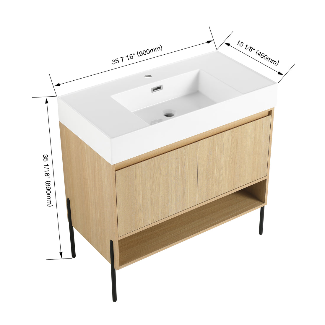 36" Bathroom Vanity Combo W Single Ceramic Sink, Modern Storage Cabinet Set 2 Door, Multilayer Solid Wood, Oak Oak Bathroom American Design Engineered Wood