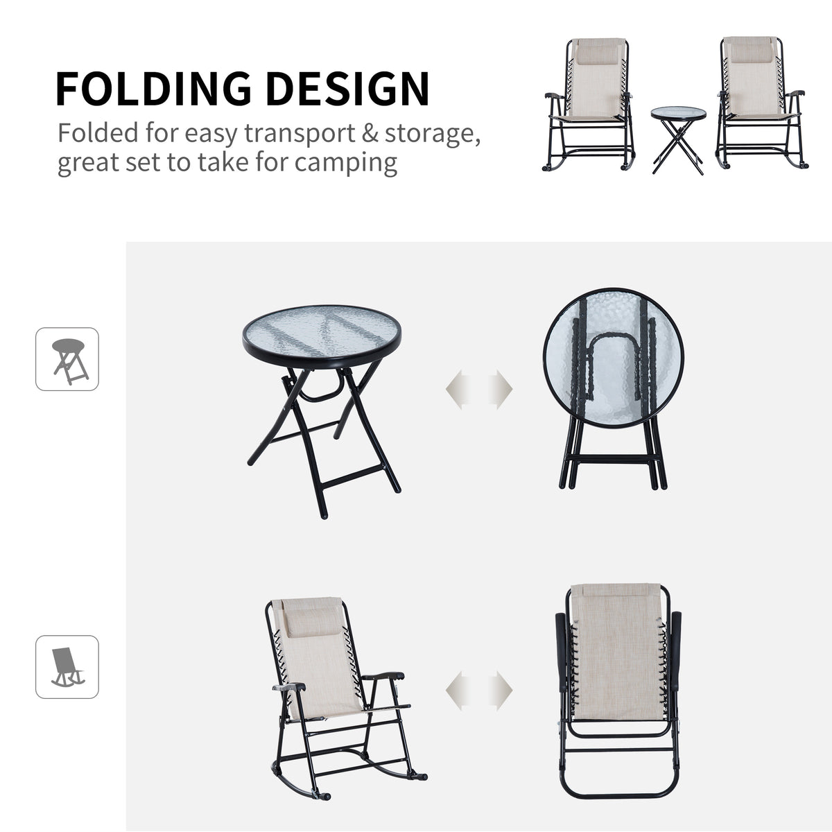 Outsunny 3 Piece Outdoor Rocking Chair Set, Patio Folding Lawn Rocker Set With Glass Coffee Table, Headrests For Yard, Patio, Deck, Backyard, Cream White Cream White Fabric