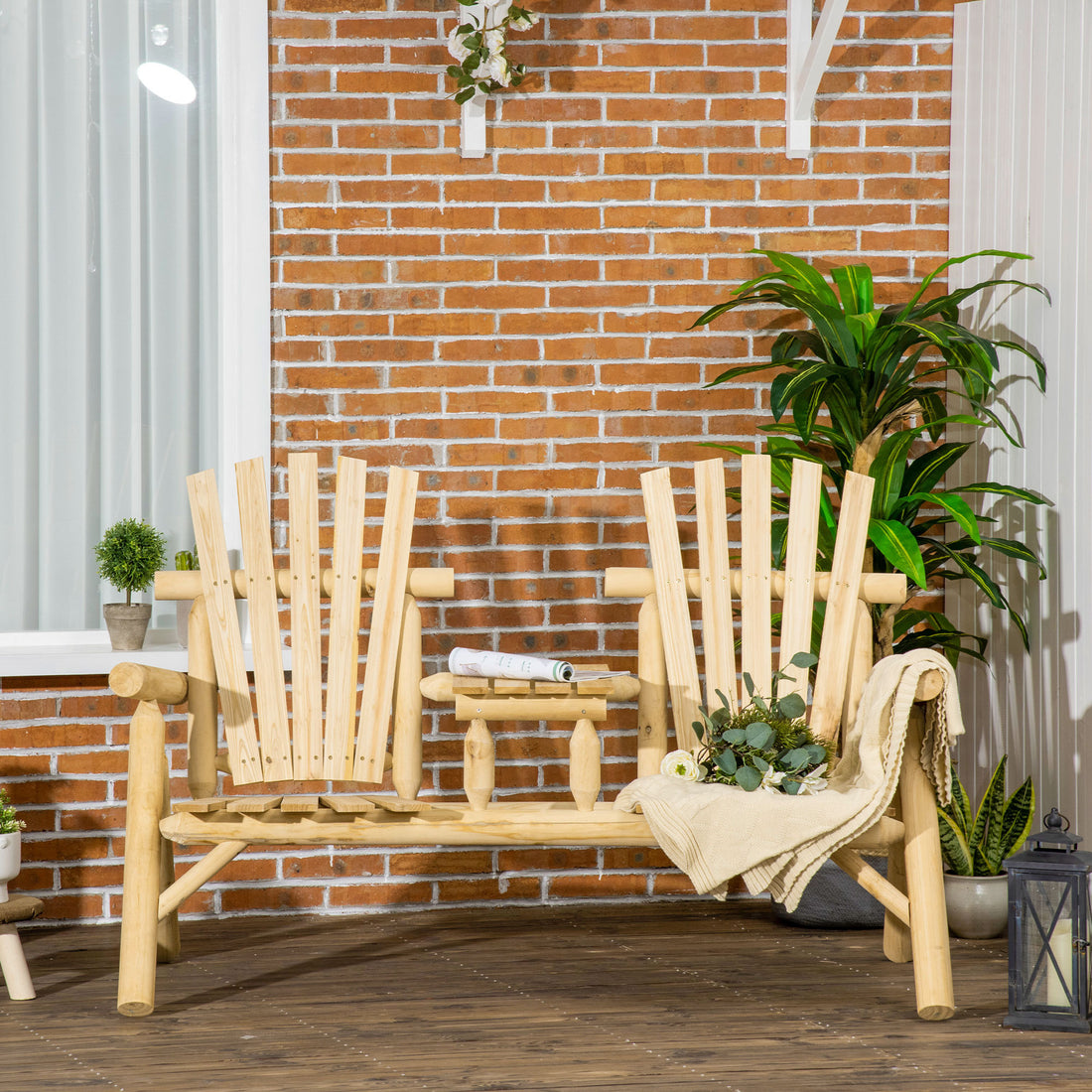Outsunny 2 Seat Wooden Adirondack Chair, Patio Bench With Table, Outdoor Loveseat Fire Pit Chair For Porch, Backyard, Deck, Natural Natural Wood