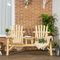 Outsunny 2 Seat Wooden Adirondack Chair, Patio Bench With Table, Outdoor Loveseat Fire Pit Chair For Porch, Backyard, Deck, Natural Natural Wood