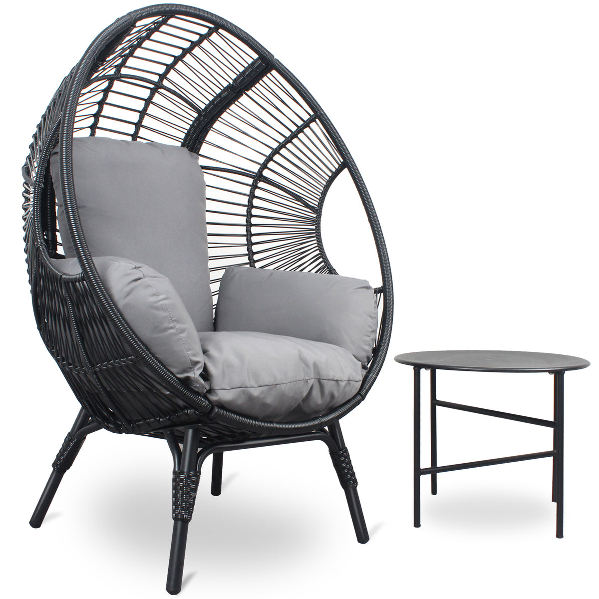 Patio Pe Wicker Egg Chair Model 2 With Black Color Rattan Grey Cushion And Side Table Yes Black Foam Steel