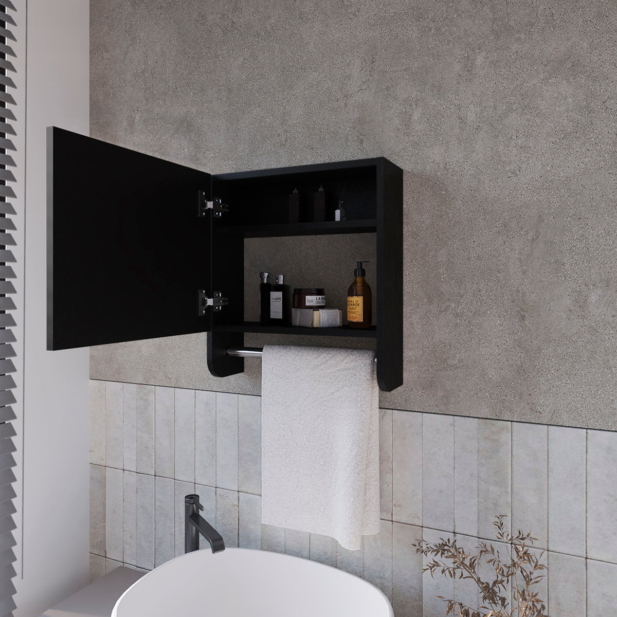 Pine Medicine Cabinet In Melamine With A Towel Bar And Included Mirror, Black Black 1 2 Mirror Included Bathroom Wall Mounted Modern Particle Board Melamine