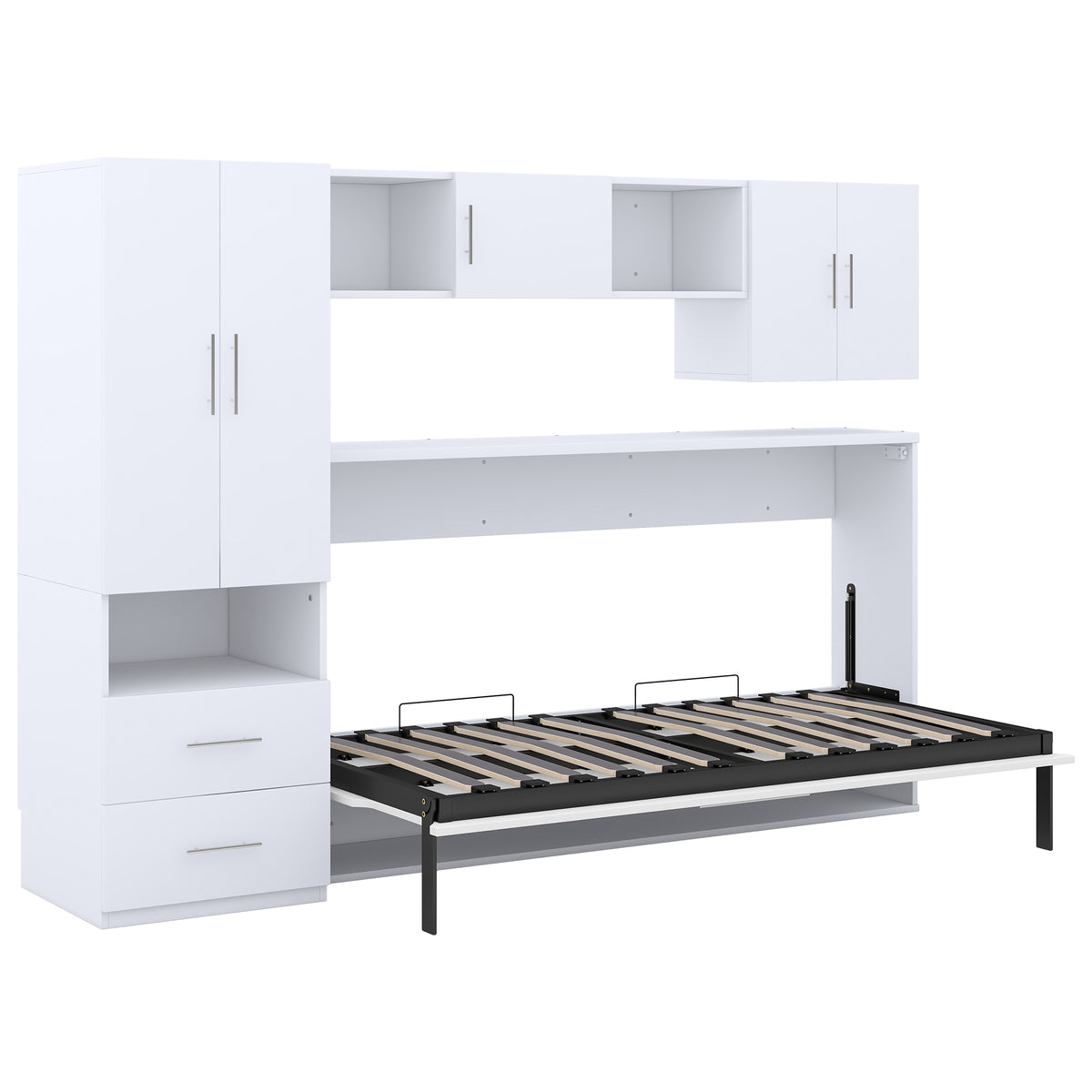 Twin Size Murphy Bed With Open Shelves And Storage Drawers,Built In Wardrobe And Table, White Twin White Solid Wood Mdf