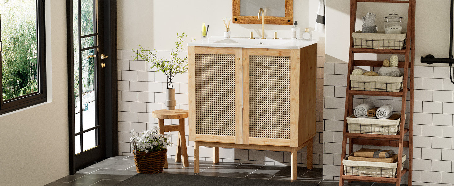 30 Inch Bathroom Vanity Crafted From Natural Materials, Featuring Handmade Rattan Doors And Soft Closing Mechanisms Wood Wood Rattan