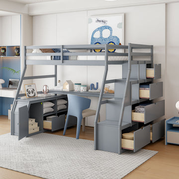 Full Size Loft Bed With 7 Drawers 2 Shelves And Desk Gray Full Gray Plywood