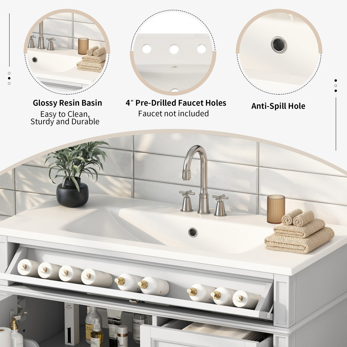 36'' Bathroom Vanity With Top Sink, Modern Bathroom Storage Cabinet With 2 Drawers And A Tip Out Drawer, Single Sink Bathroom Vanity White Bathroom Solid Wood Mdf Resin