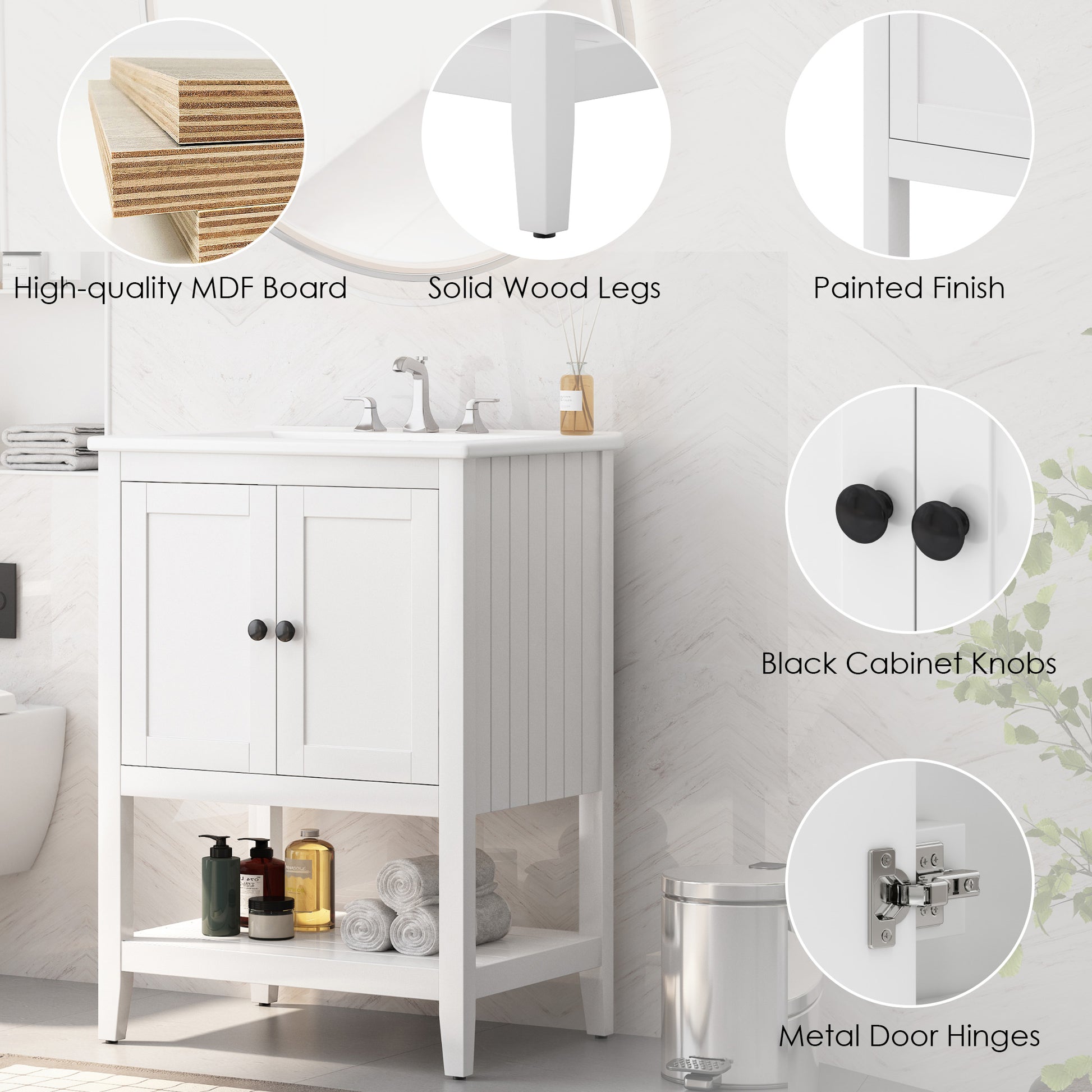 24" White Modern Sleek Bathroom Vanity Elegant Ceramic Sink With Solid Wood Frame Open Style Shelf White Solid Wood