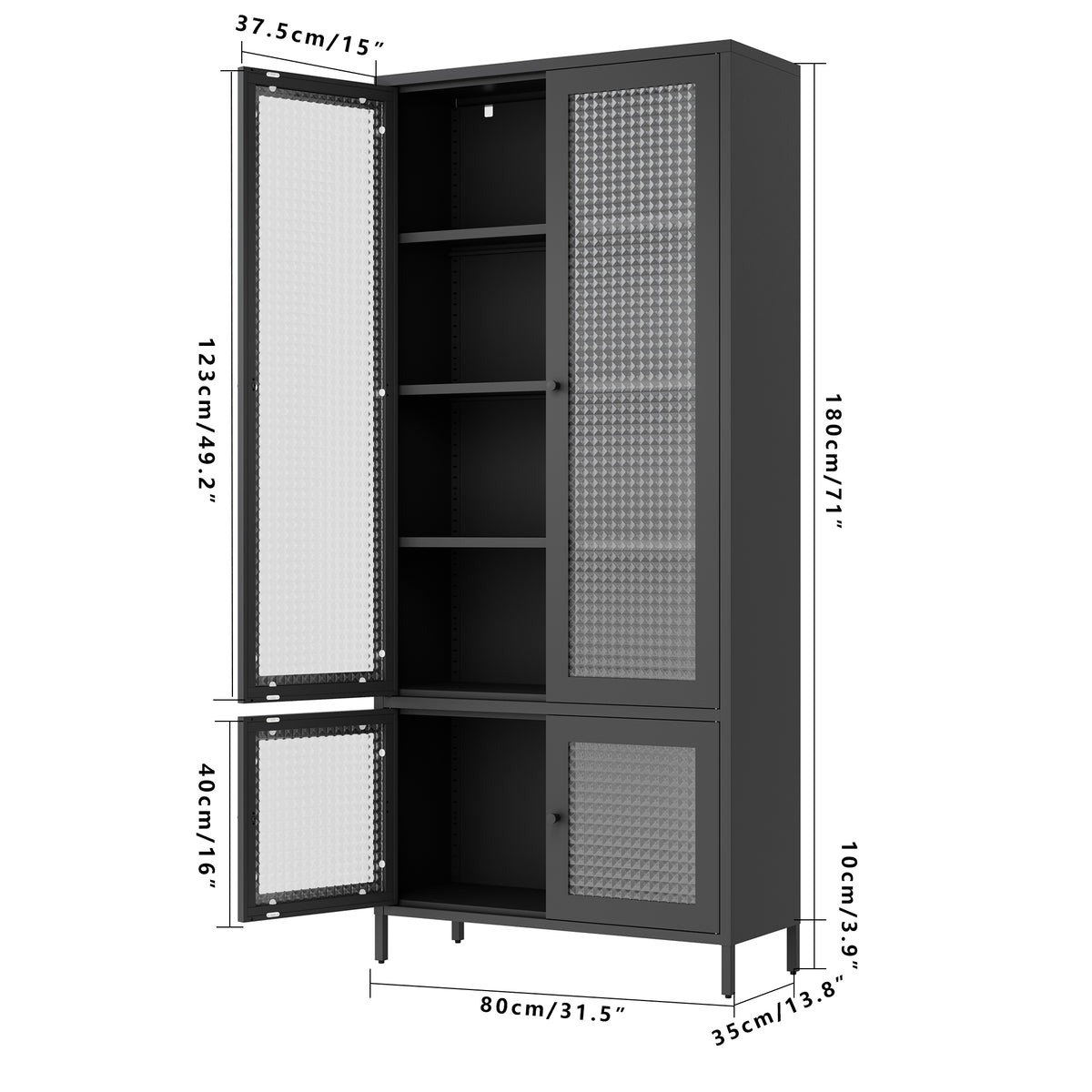 Large Metal Storage Cabinet Display Cabinet With 4 Glass Doors 5 Shelves Side Cabinet Bookcase Freestanding Cabinet For Bedroom Living Room Pantry Home Office Black, Waffle Grids Tempered Glass Freestanding 5 Or More Spaces Black Office Glass Doors