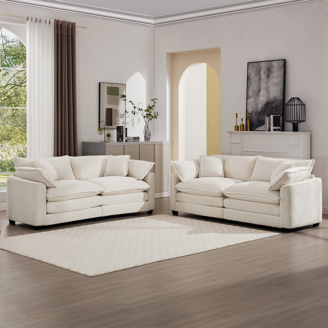 Modern Fabric Living Room Sofa Two Pieces Set, Two 2 Seater Sofas With 8 Cushions,Upholstery Large Deep Seat Sofa Set, Light Beige Corduroy Fabric Beige Corduroy 4 Seat