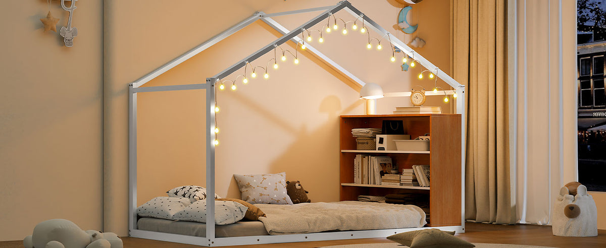Twin Size Metal Bed House Bed Frame With Shelves And Lights, White Twin White Metal & Wood