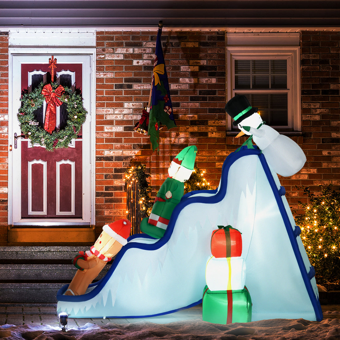 Homcom 8.5Ft Long Christmas Inflatable Snowman Elf And Gingerbread Man Multicolor Polyester