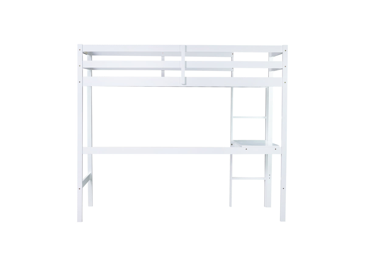 Twin High Loft Bed, Rubber Wood Loft Bed With Safety Guardrail, Built In Desk, Ladder,White Twin White Rubber Wood