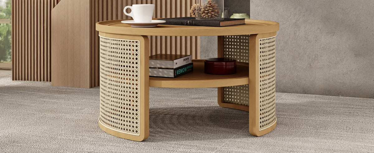 2 Tiered Round Natural Wood Coffee Table With Storage Rattan Base In 31.3'' Natural Rubber Wood