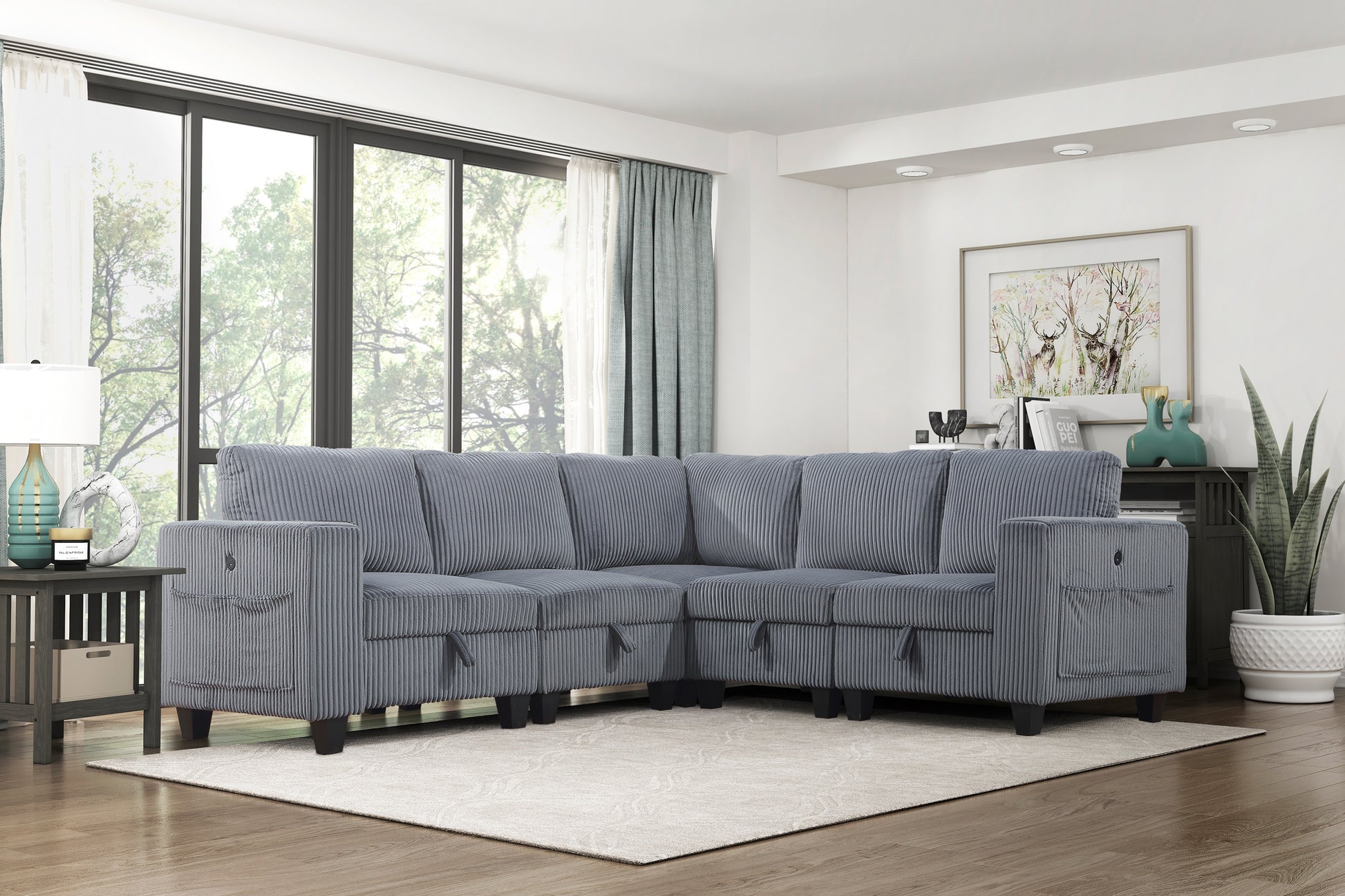Modern Living Room Furniture 1Pc Dark Gray Chair With One Arm, Storage Pouch And Charging Ports Corduroy Fabric Upholstery Dark Gray Primary Living Space Contemporary,Modern Solid Wood