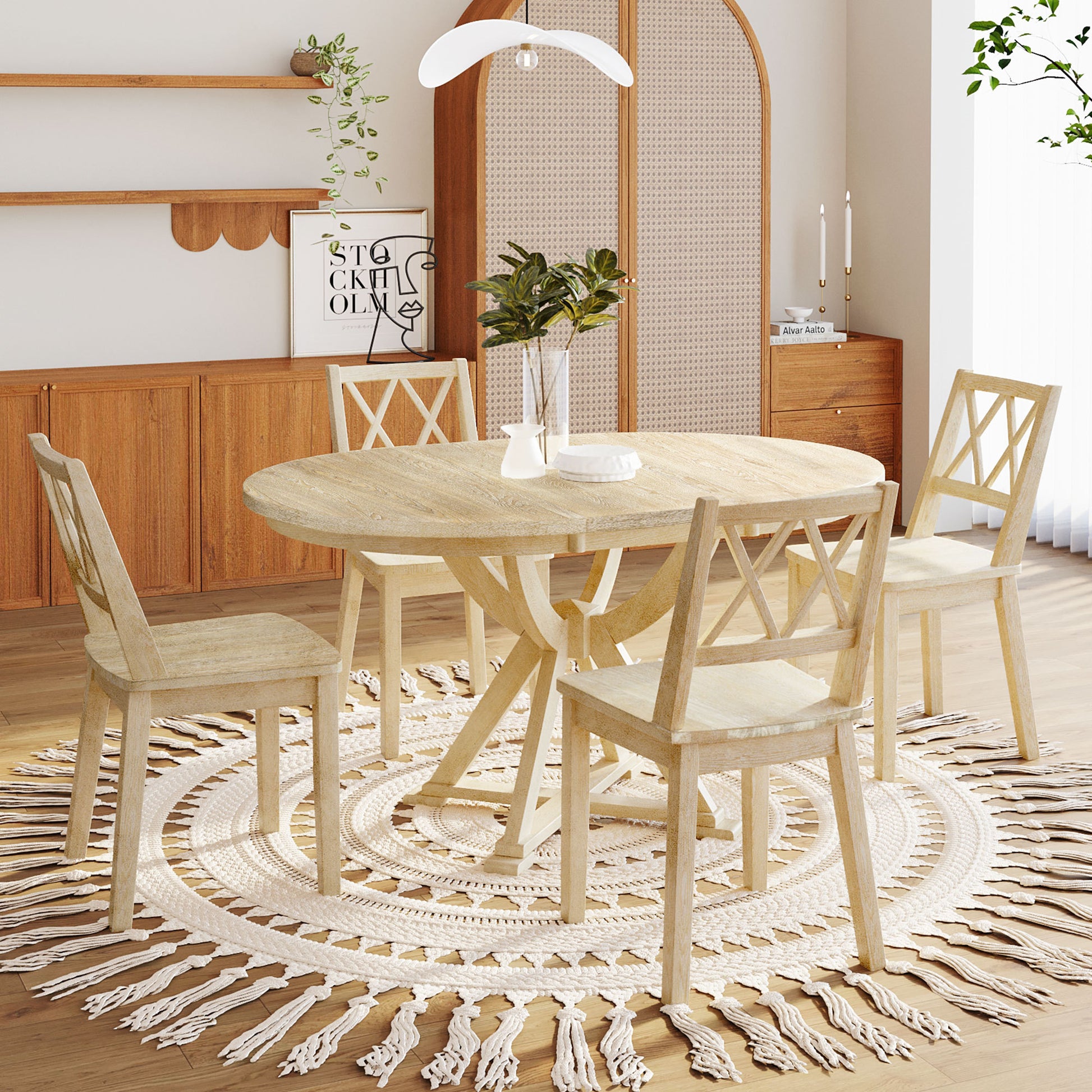Mid Century 5 Piece Extendable Round Dining Table Set With 15.7" Removable Leaf And 4 Cross Back Dining Chairs, Natural Wood Dining Room Extendable Rubberwood Oval Dining Table With Chair Wood Wood Natural Seats 4 Removable Leaf Mid Century Modern Oval