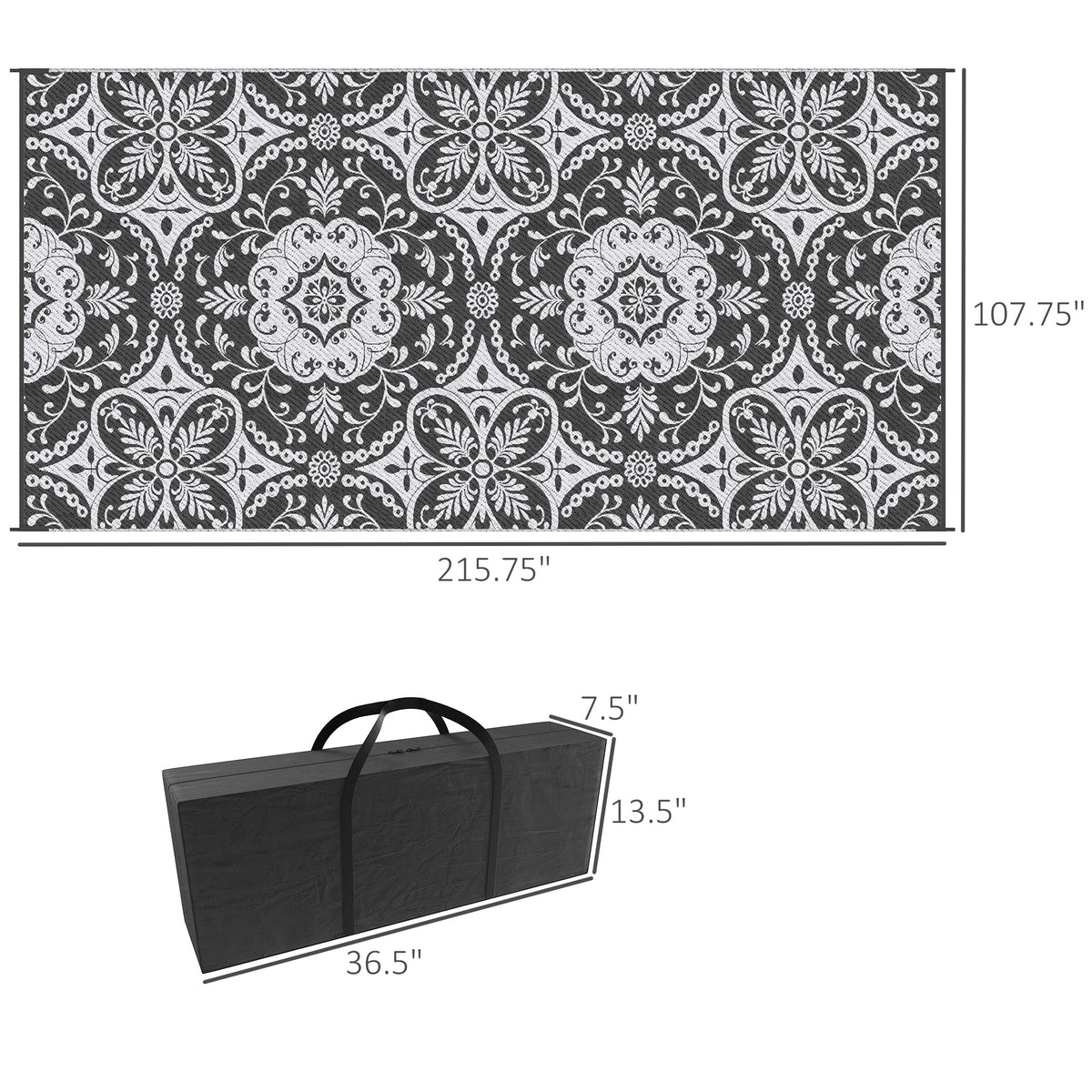 Outsunny Reversible Outdoor Rug, 9' X 18' Waterproof Plastic Straw Floor Mat, Portable Rv Camping Carpet With Carry Bag, Large Floor Mat For Backyard, Deck, Picnic, Beach, Gray & White Floral Multicolor Polypropylene