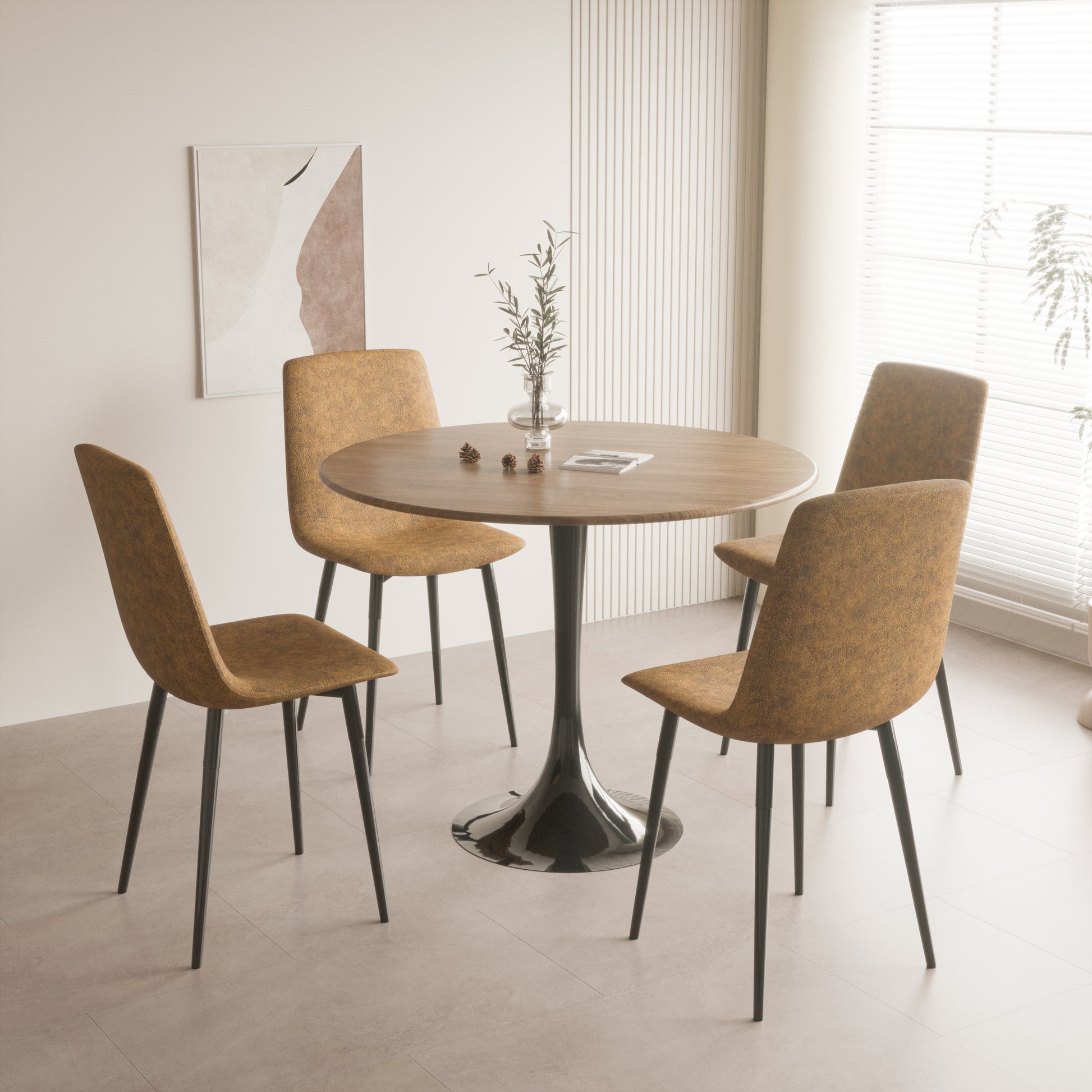 Walnut Color Round Dining Table, 31.5" Tulip Table Kitchen Dining Table 2 4 People With Mdf Table Top & Pedestal Base, Mid Century End Table Leisure Coffee Table Office Living Room Table Walnut Black Mdf