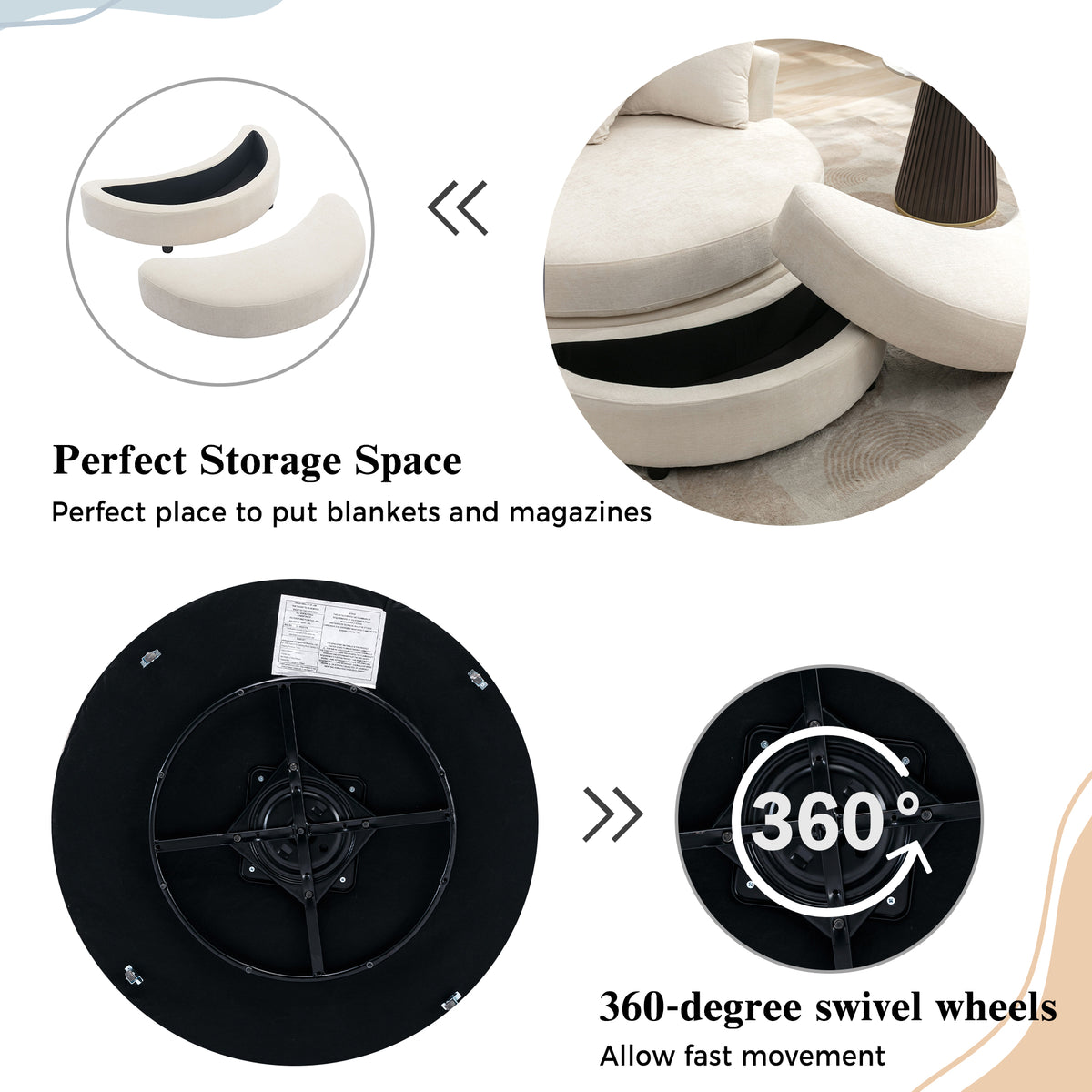 Orisfur. 360 Swivel Accent Barrel Chair With Storage Ottoman & 4 Pillows, Modern Chenille Leisure Chair Round Accent For Living Room, Cream Cream Foam Chenille