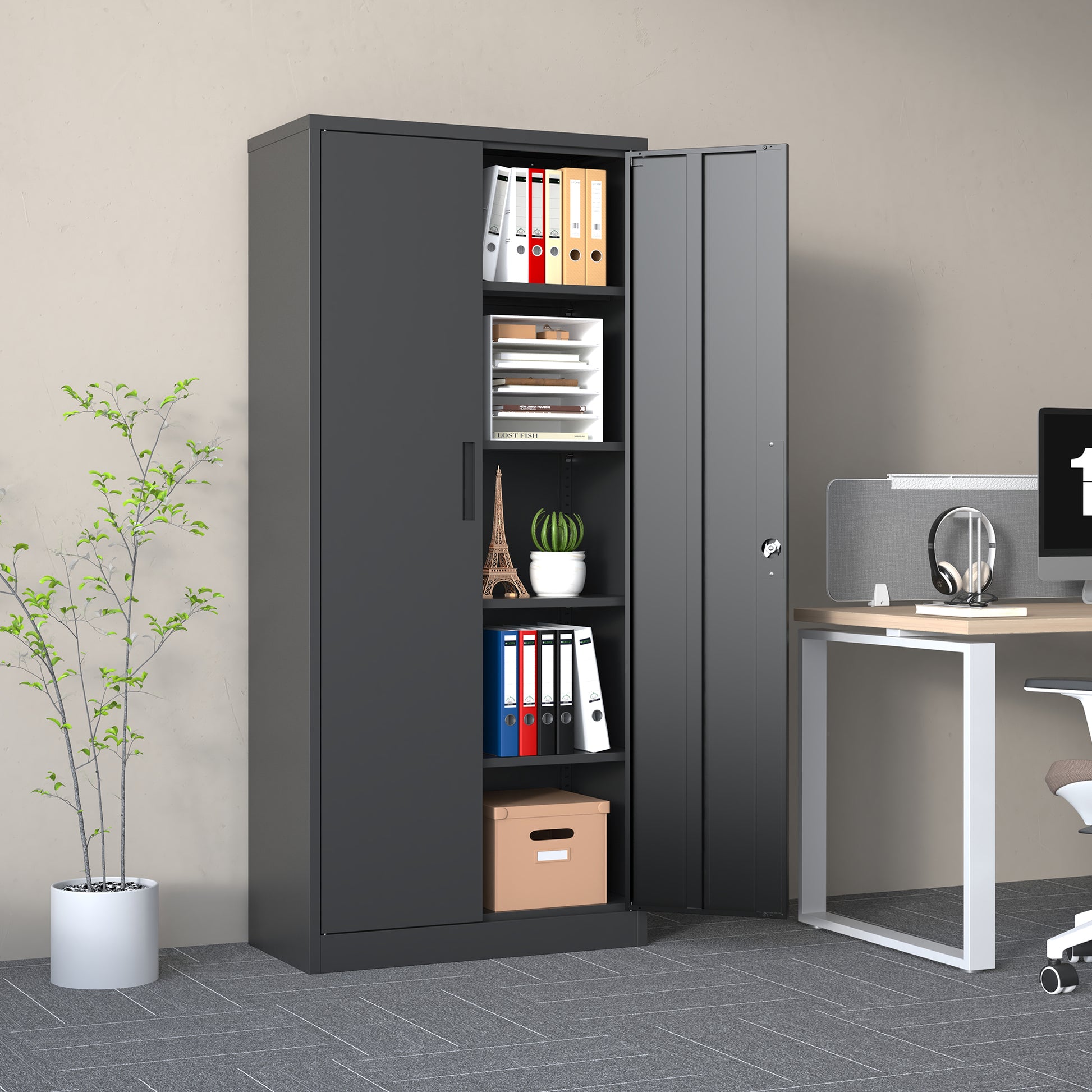 72"H Metal Garage Storage Cabinet, Black Tool Steel Locking Cabinet With Doors And 4 Shelves, Tall Cabinets For Garage Storage Systems Lockable File Cabinet For Home Office, Classroom Pantry Filing