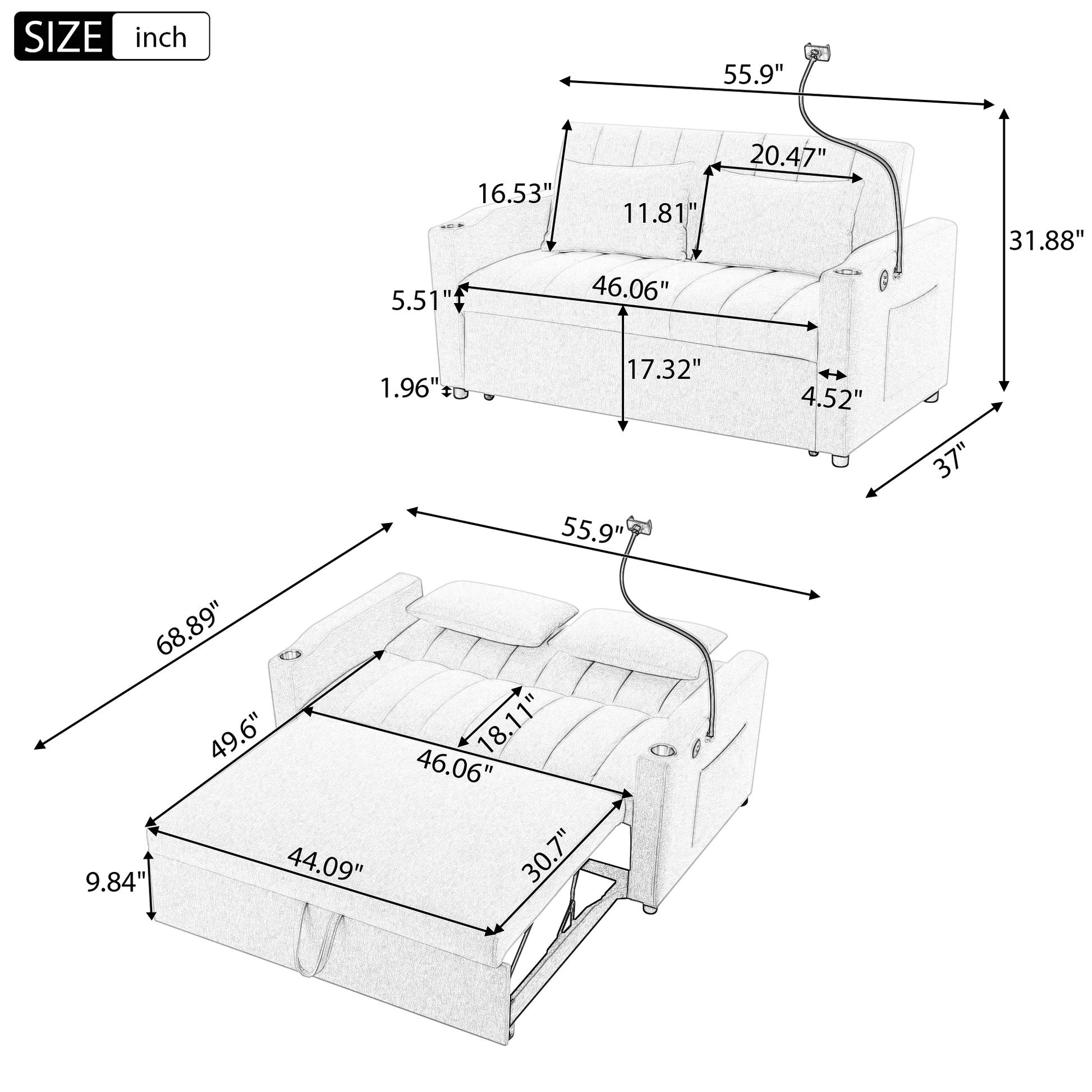 55.9" Convertible Sofa Bed Loveseat Sofa With Three Usb Ports, Two Side Pockets, Two Cup Holders And 360 Swivel Phone Holder For Living Room, Light Grey Light Grey Foam Polyester