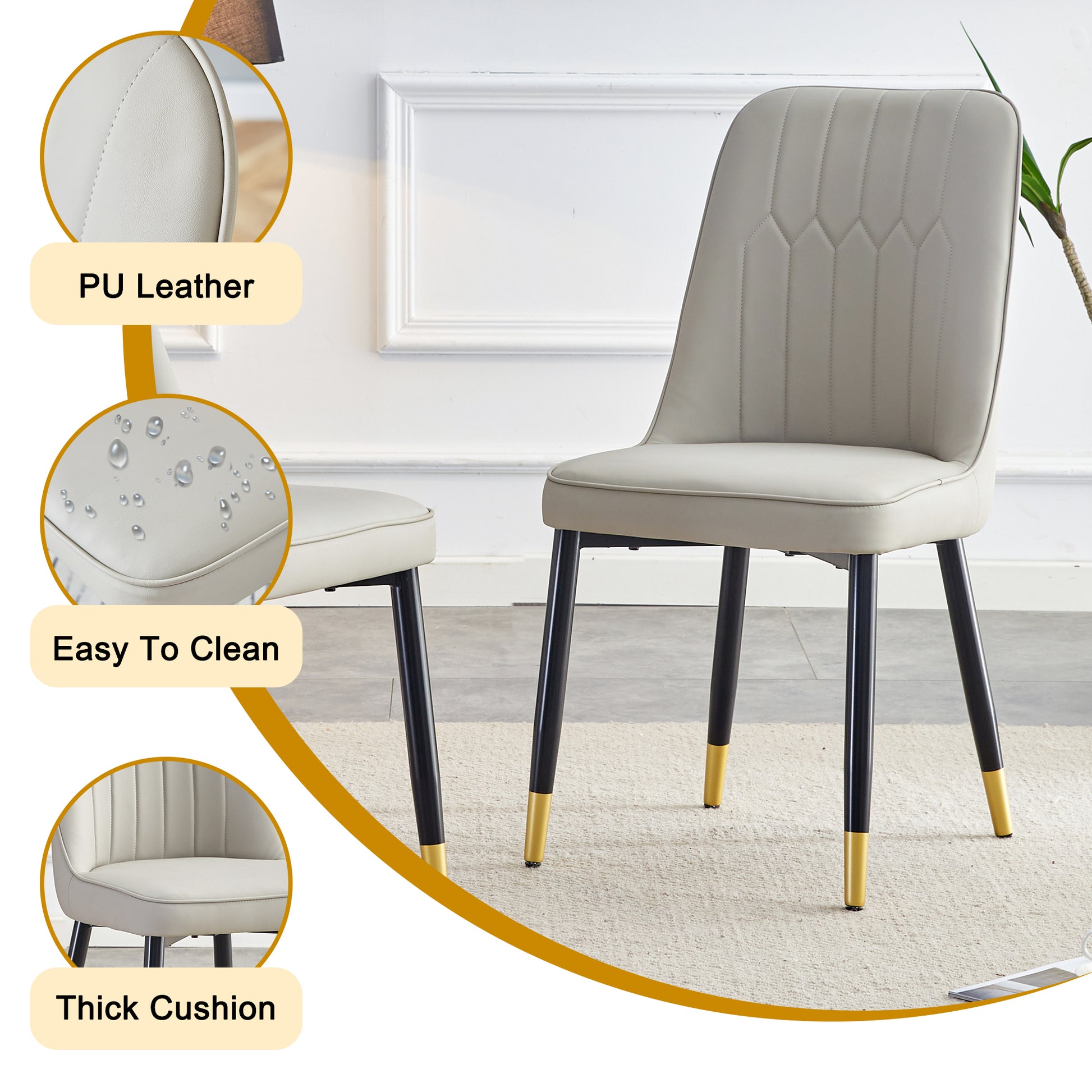 Table And Chair Set.Modern Rectangular Dining Table With Black Textured Stickers Glass Tabletop And Gold Plated Metal Legs.Paried With 4 Comfortable Chairs With Pu Seats And Black Metal Legs. Black Gold,Light Gray Seats 4 Glass Metal