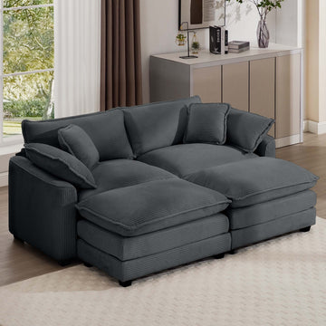 Corduroy Two Seater Sofa With 2 Footrest, 2 Seater Sofa With Ottoman For Small Living Spaces, Grey Corduroy Sofa Grey Corduroy 2 Seat