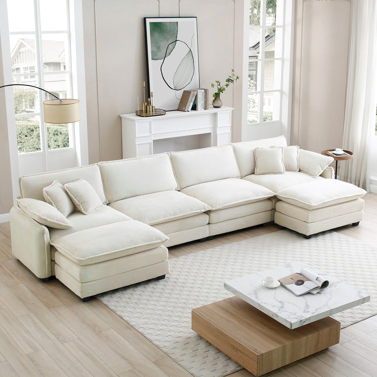 Over Size U Shape Corduroy Sofamodern Upholstered 4 Seater Sofa With 2 Ottomans, Premium Soft Corduroy Fabric Sofa Beige Corduroy 4 Seat