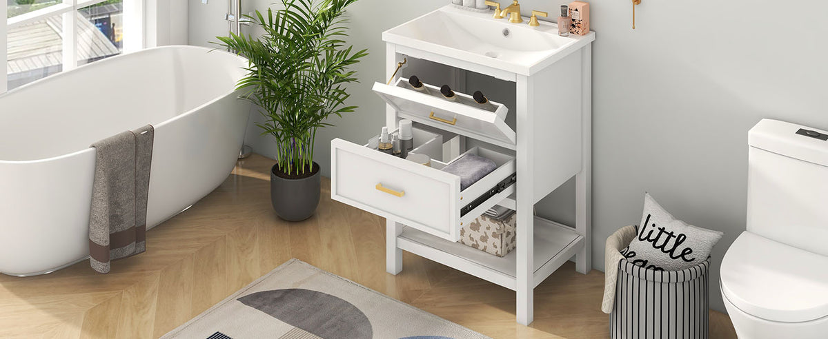 24'' Bathroom Vanity With Top Sink, Modern Bathroom Storage Cabinet With 2 Drawers, Single Sink Bathroom Vanity 2 White 1 Adjustable Hinges Bathroom Freestanding Mdf Painted