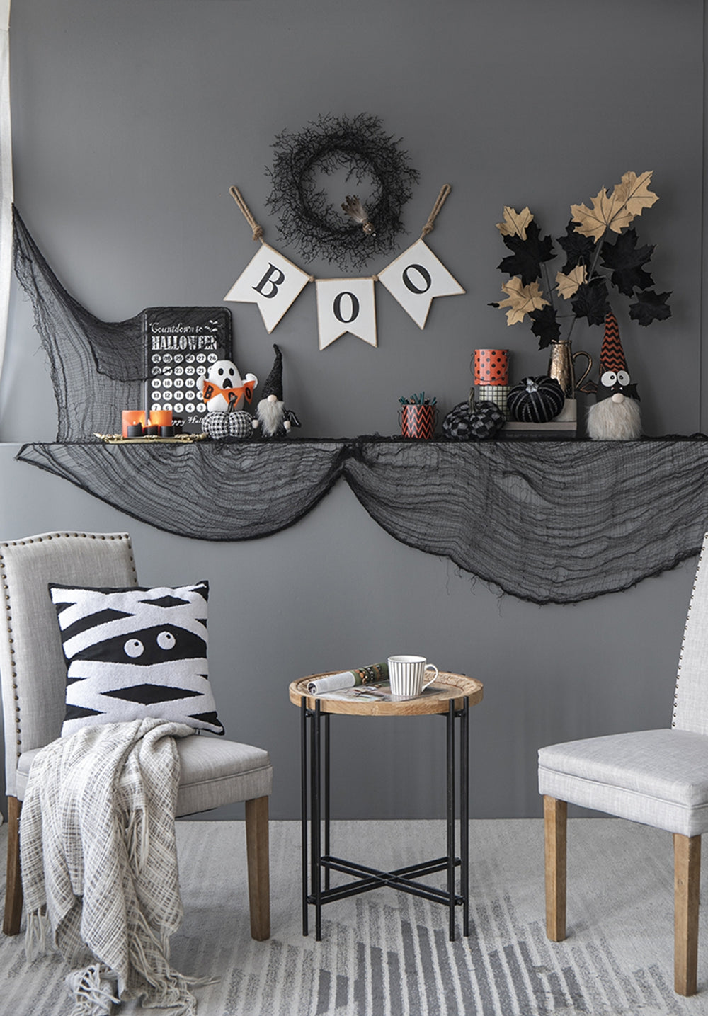 10X3X15.5" Fabric Black Gnome With Wings Decor, For Halloween Decor Black White Polyester