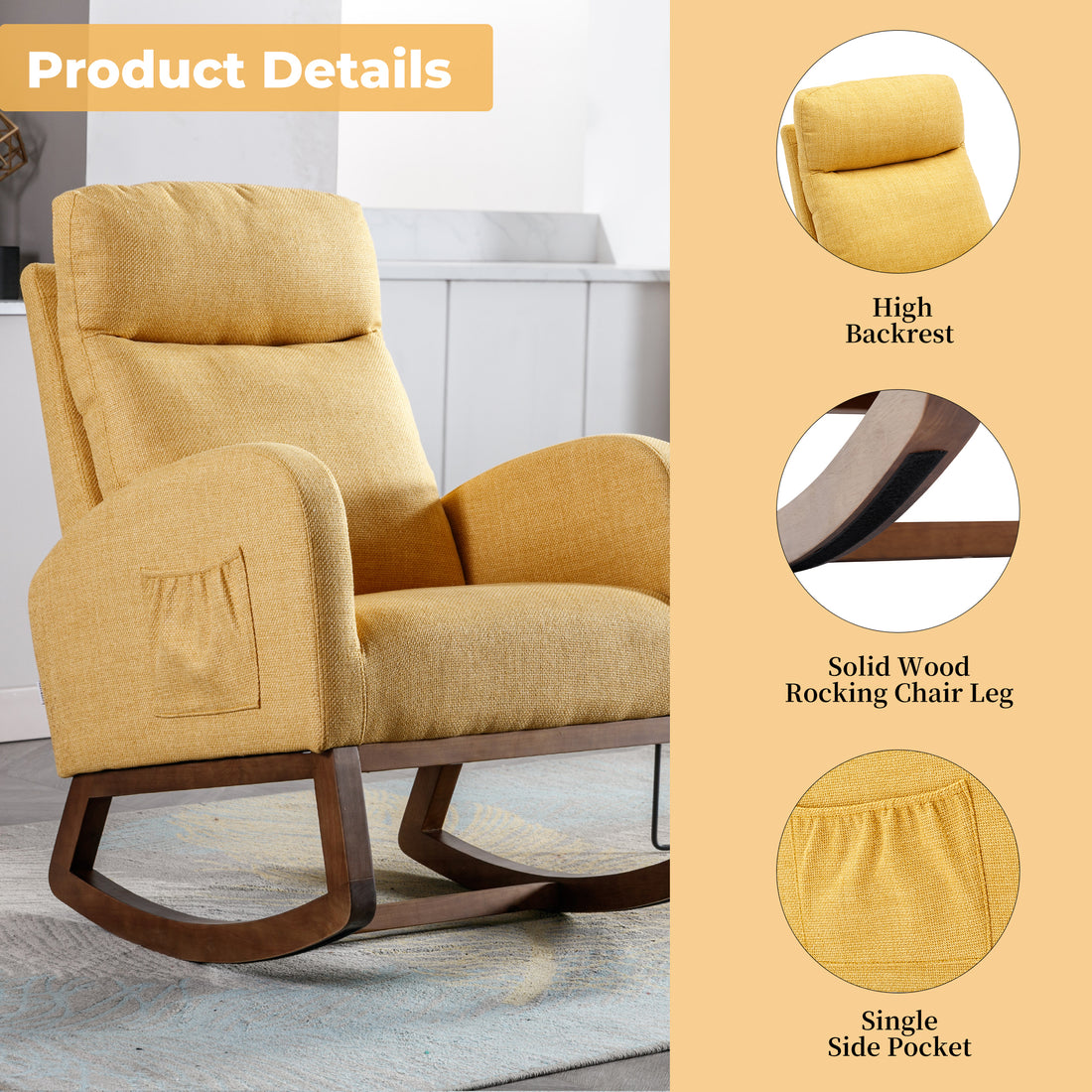 Coolmore Rocking Chair, Modern Glider Chair, Recliner Armchair With Wood Legs And Side Pocket, Nursery Rocking Accent Chair With High Back For Living Room Bedroom Yellow Linen Yellow Foam Linen