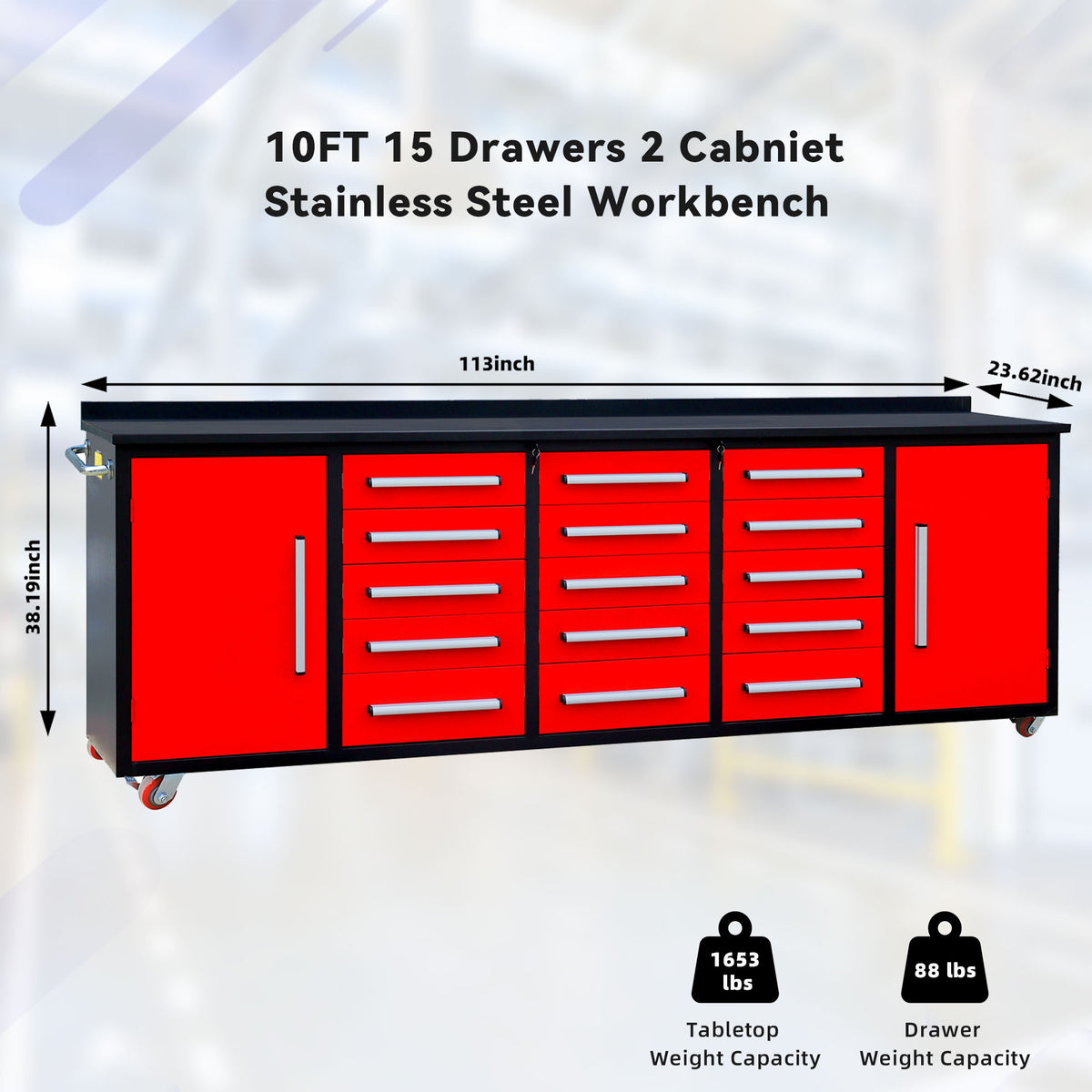 10Ft Storage Cabinet With Work Bench 15 Drawers & 2 Cabinets Red Red Steel