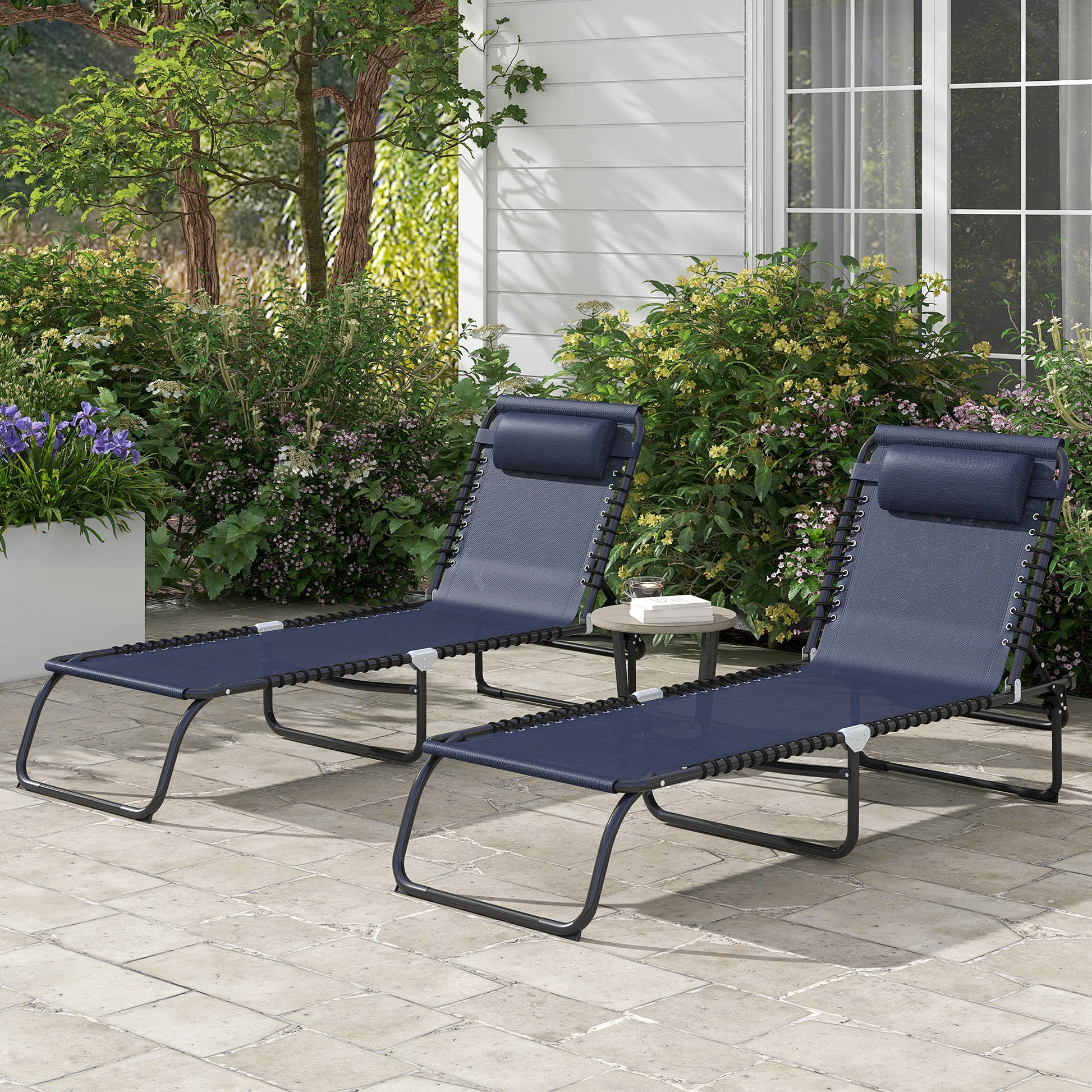 Outsunny Folding Chaise Lounge Pool Chair Set Of 2, Patio Sun Tanning Chair, Outdoor Lounge Chair W Reclining Back, Pillow,Mesh & Bungee Seat For Beach, Dark Blue Blue Steel
