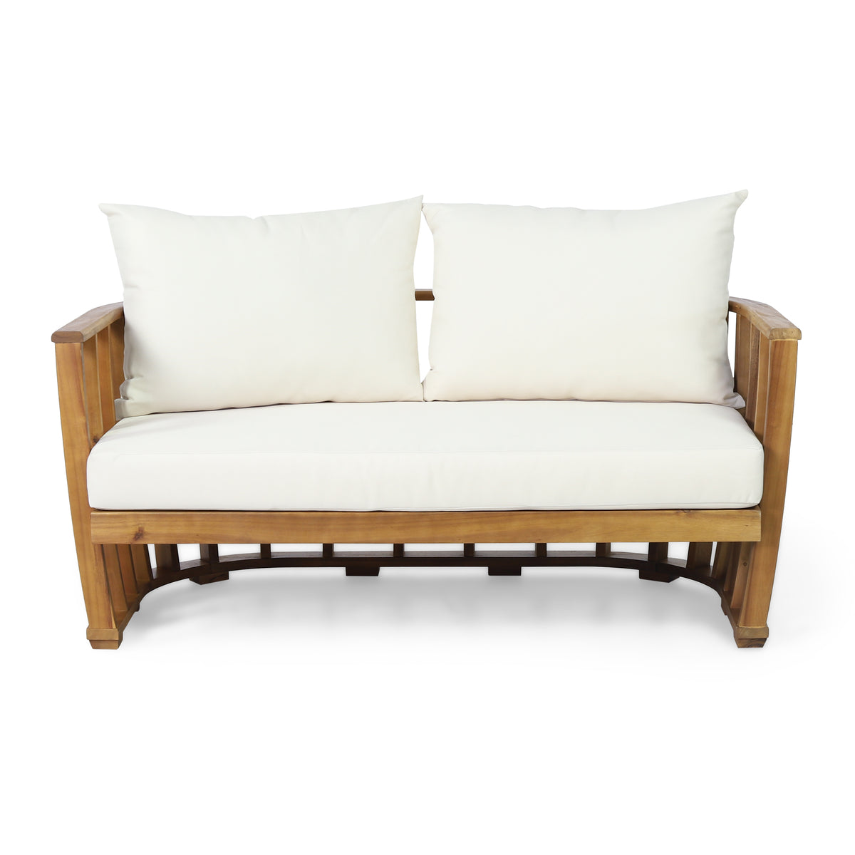Outdoor Acacia Wood Loveseat And Coffee Table Set With Cushions, Teak, Beige Beige Brown Acacia Wood