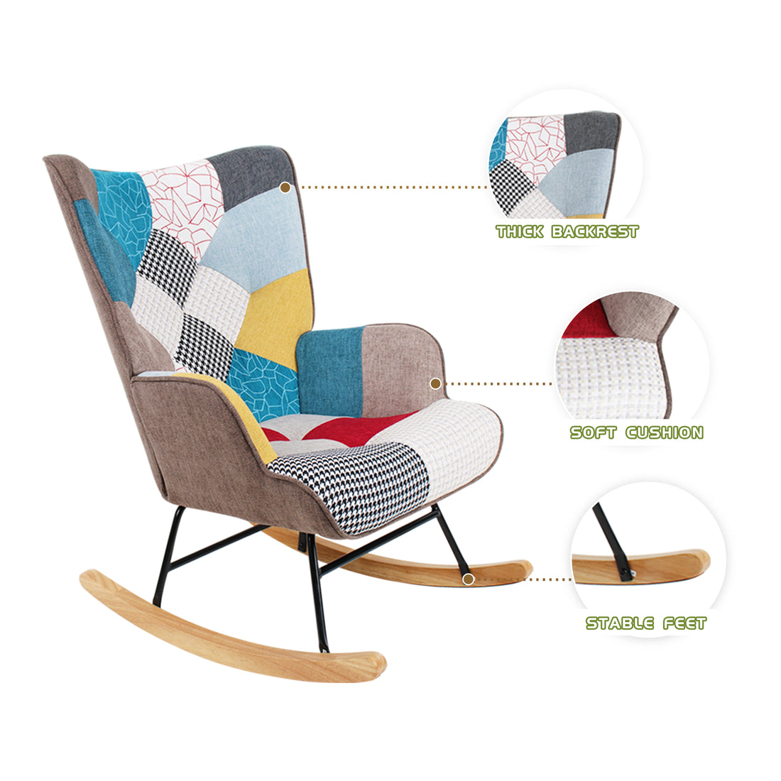 Rocking Chair With Ottoman, Mid Century Fabric Rocker Chair With Wood Legs And Patchwork Linen For Livingroom Bedroom Colorful Textile