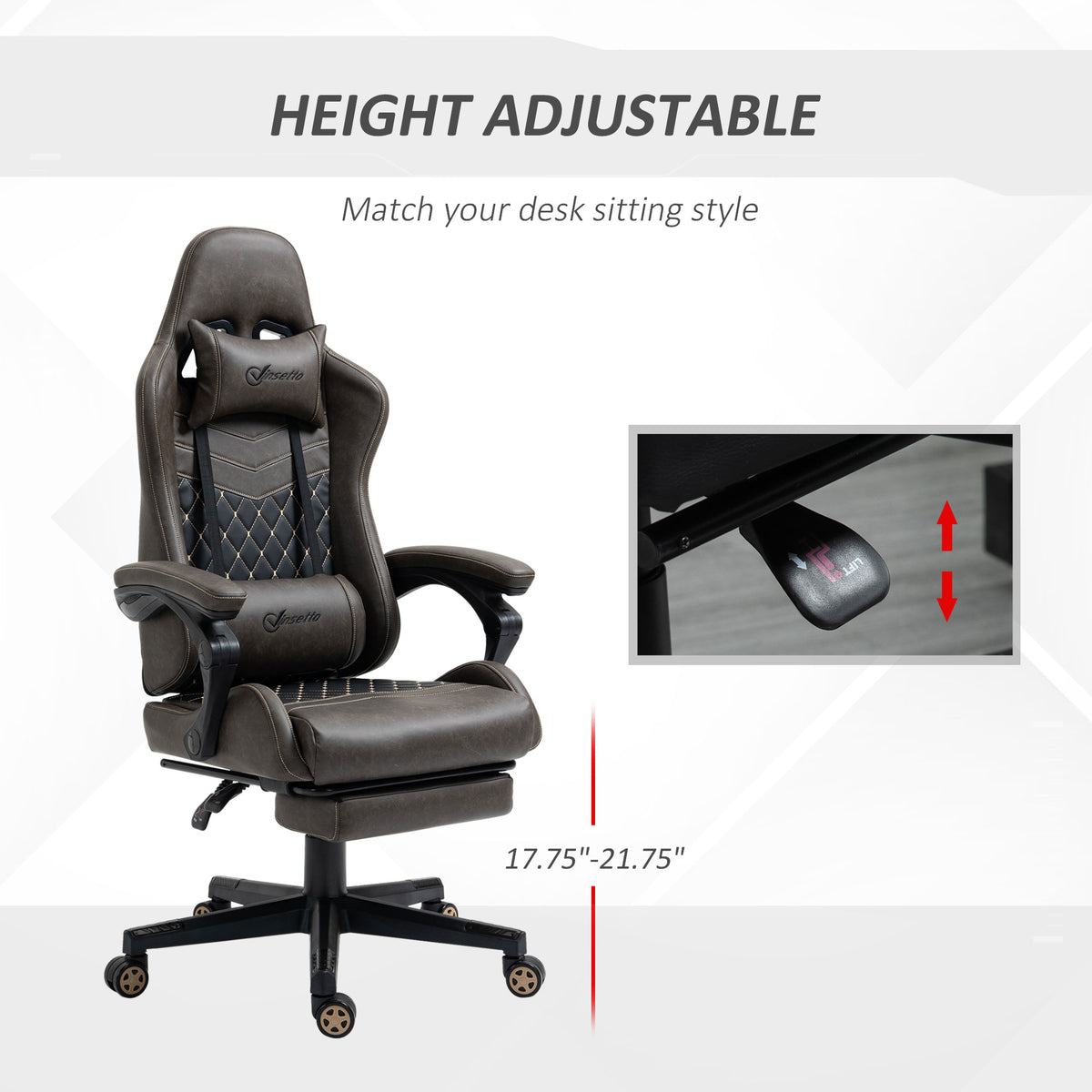Vinsetto Racing Gaming Chair Diamond Pu Leather Office Gamer Chair High Back Swivel Recliner With Footrest, Lumbar Support, Adjustable Height, Brown Brown Pu
