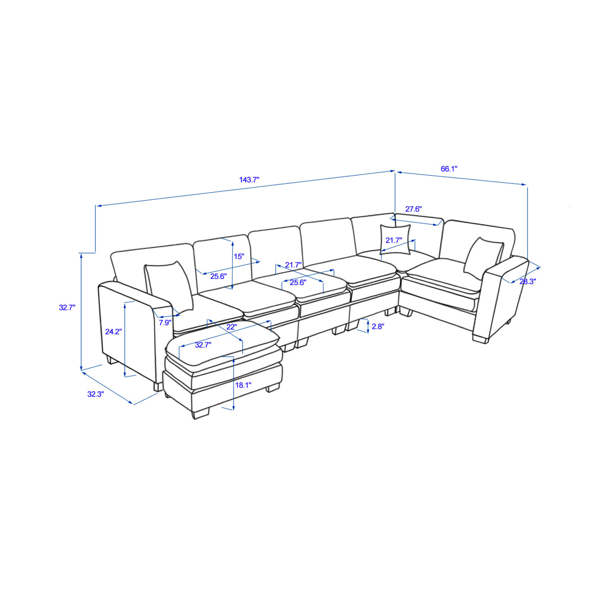 Modern U Shaped 6 Seat Sectional Sofa Couch With One Ottoman And Three Toss Pillows ,Modular Sofa For Living Room,Corduroy Sofa Orange Corduroy 7 Seat