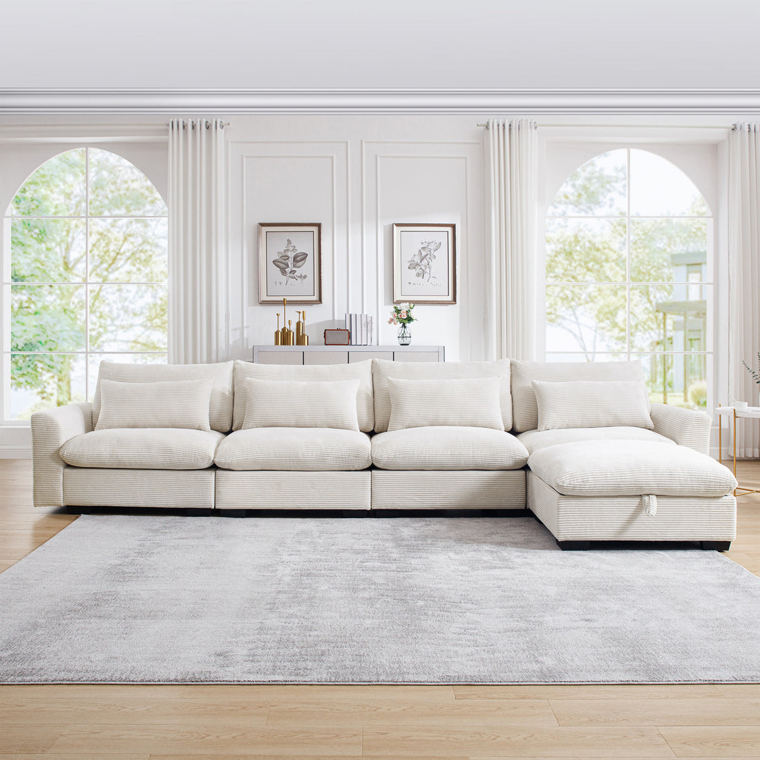Large L Shape Sectional Corduroy Sofa,Deep Seat Couch With Storage Footstool And 4 Waist Pillows,Beige Beige Corduroy 4 Seat