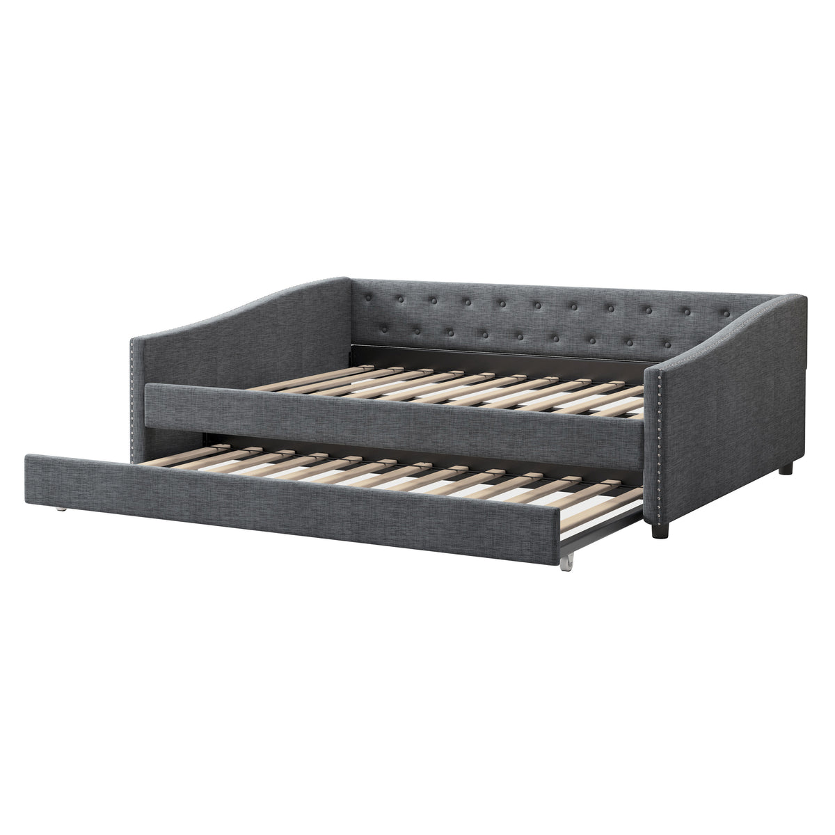 Full Size Daybed With Twin Size Trundle Upholstered Tufted Sofa Bed, With Button On Back And Copper Nail On Waved Shape Arms Dark Grey Full Dark Grey Wood Fabric
