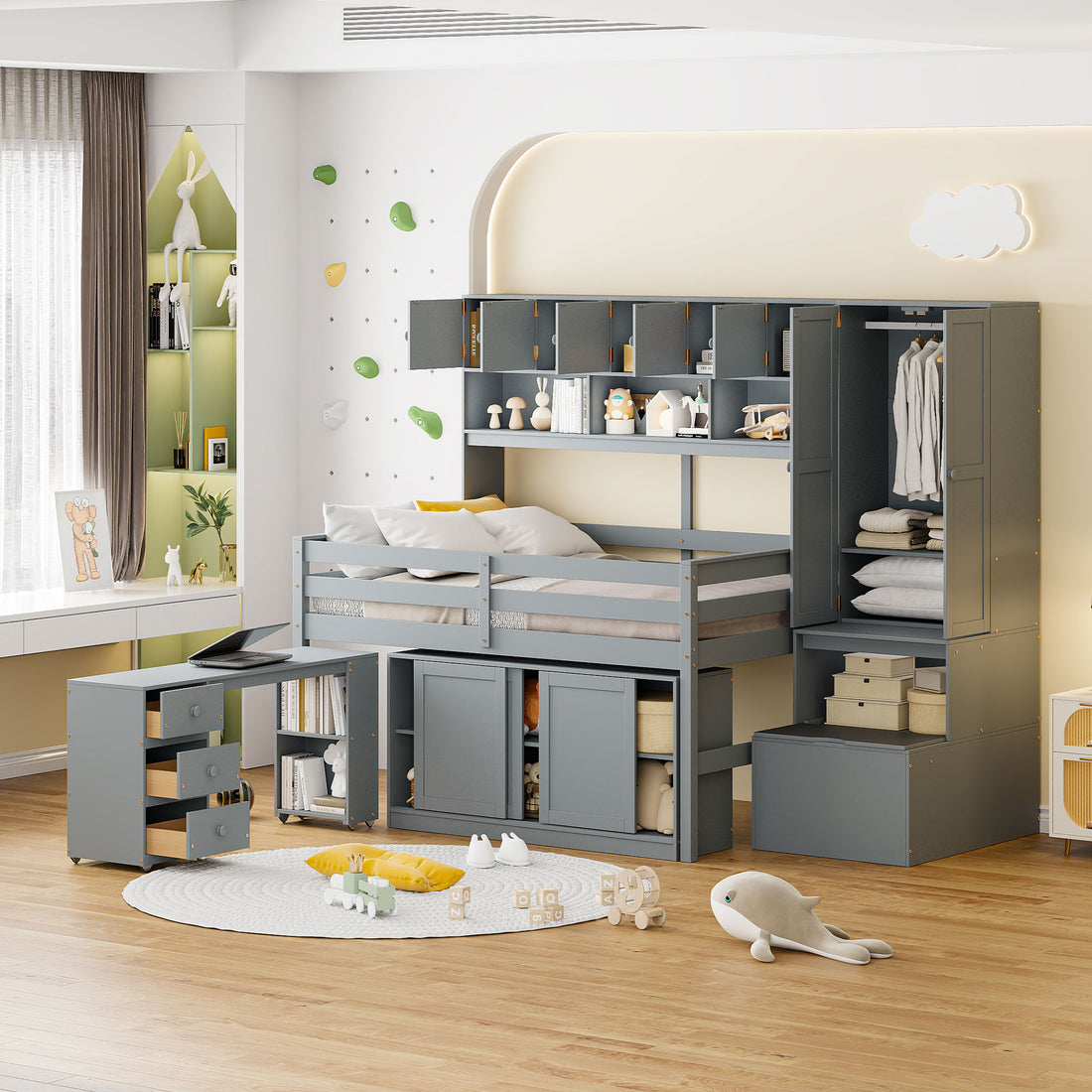 Full Size Wooden Loft Bed Big Storage With Under Bed Desk, With Drawers, With Shelves, Gray Full Gray Plywood
