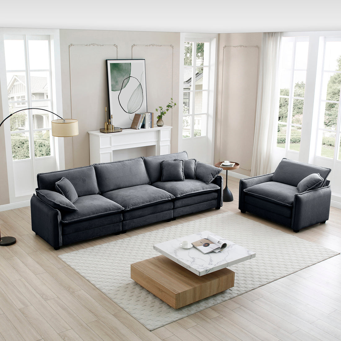 Mid Century Modern Sofa Set Of Two, One 3 Seater Sofa And One Single Seat Sofa With 2 Arm Pillows And 4 Throw Pillows,2 Pieces Sofa Set For Living Room,Grey Corduroy Fabric Grey Corduroy 4 Seat