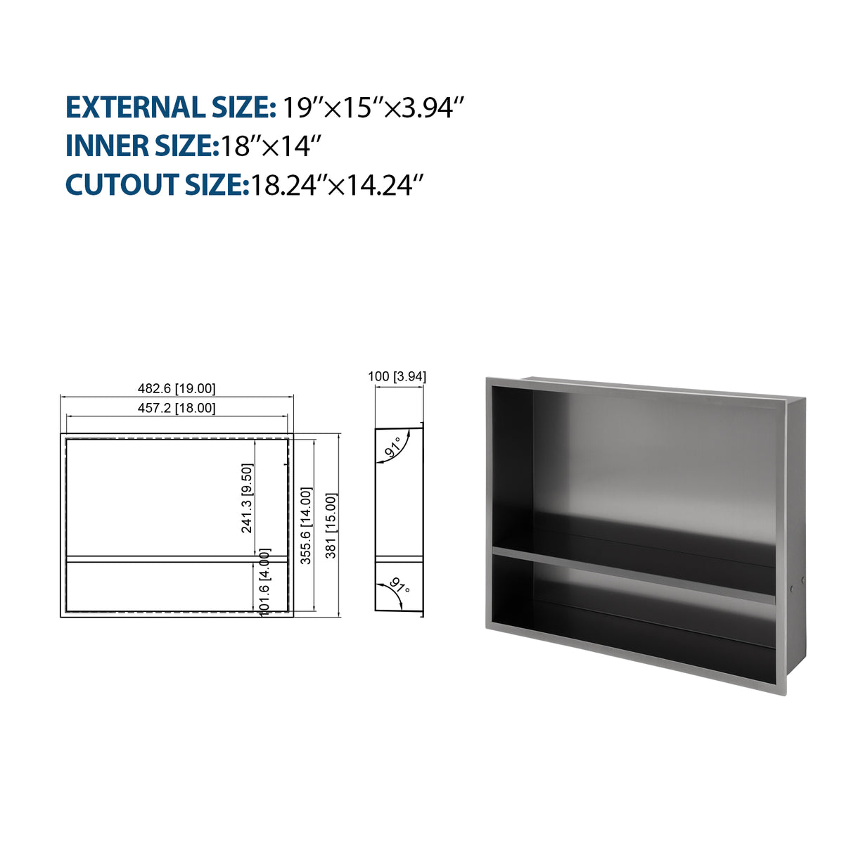 19" X 15" Stainless Steel Shower Niche Double Shelf, Gunmetal Black Gunmetal Black Stainless Steel