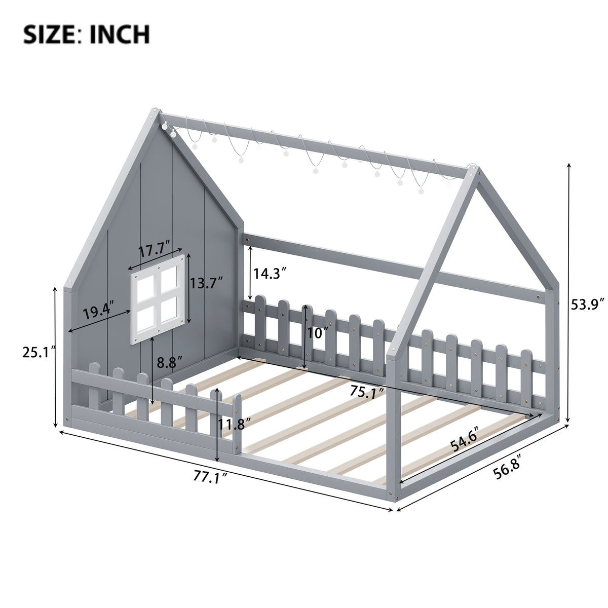 Full Size Wood House Bed With Window And Fence, Gray Old Sku: Wf304147Aae Box Spring Not Required Full Gray Wood Bedroom Pine Bed Frame Solid Wood Mdf