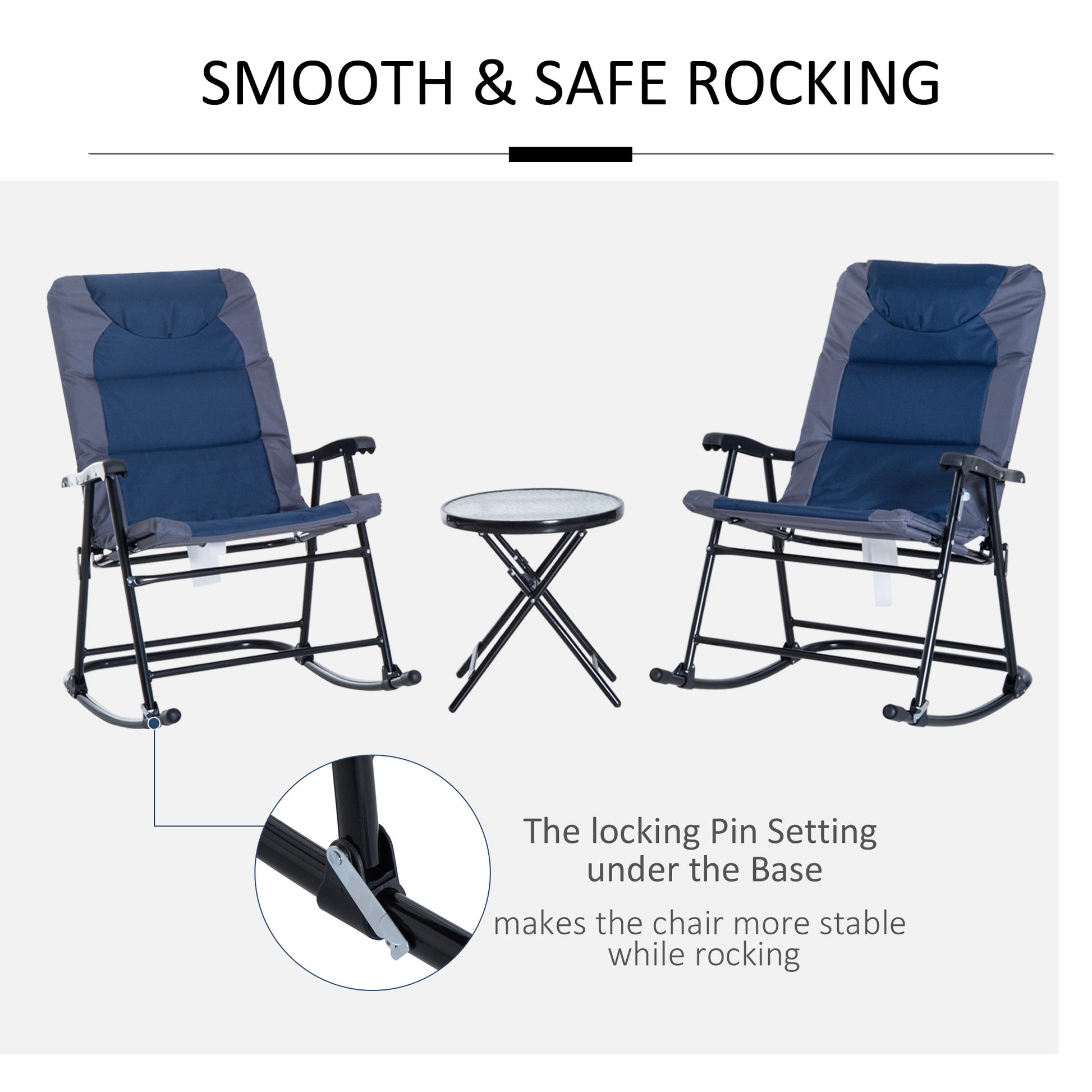 Outsunny 3 Piece Outdoor Patio Furniture Set With Glass Coffee Table & 2 Folding Padded Rocking Chairs, Bistro Style For Porch, Camping, Balcony, Navy Blue Blue Oxford Fabric
