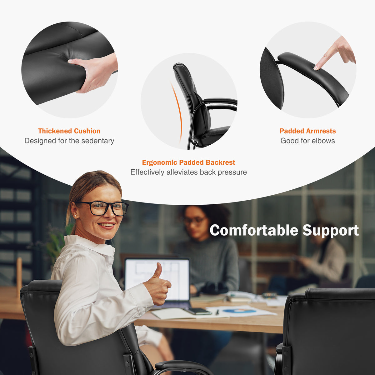 Leather Office Guest Chair No Wheels, Comfy Padded Arms And Seld Base, For Reception Conference Room Black Stainless Steel